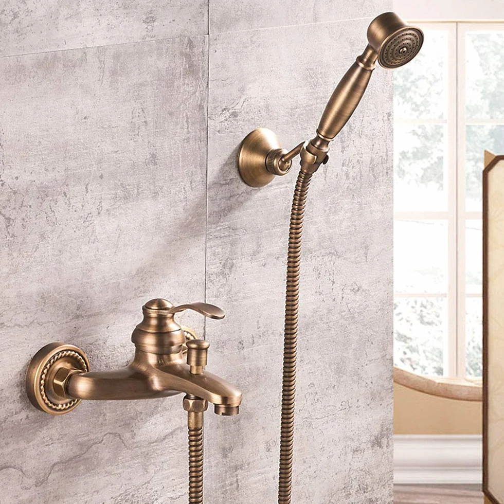 HomeLava Rubinetto per Vasca da Bagno con Doccetta, Antico Rubinetto per Vasca in Ottone Inclusa Doccetta, con Supporto da Parete e Tubo Doccia da 150 cm