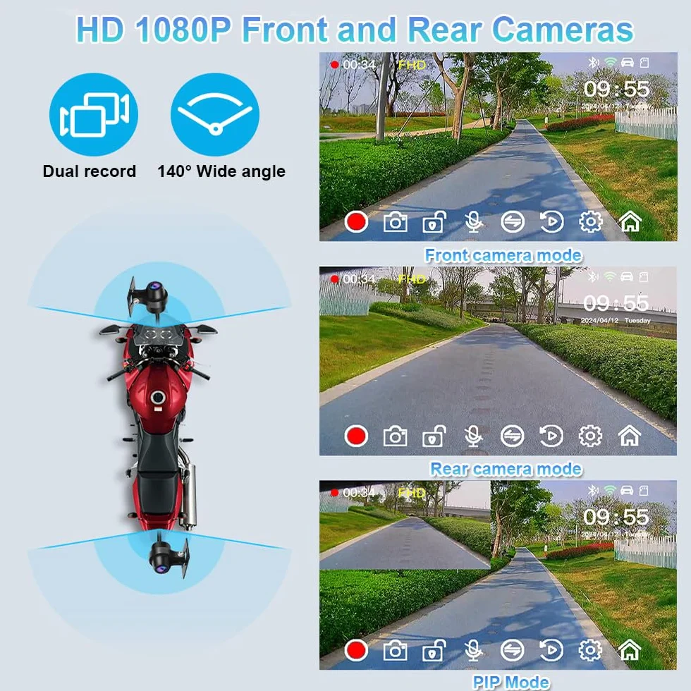 Dashcam per moto VSYSTO, 5,0 pollici, impermeabile, touchscreen per auto e Android con doppia telecamera anteriore e posteriore 150°, 1080P, visione notturna, navigazione GPS, telecomando (CS5-Pro)