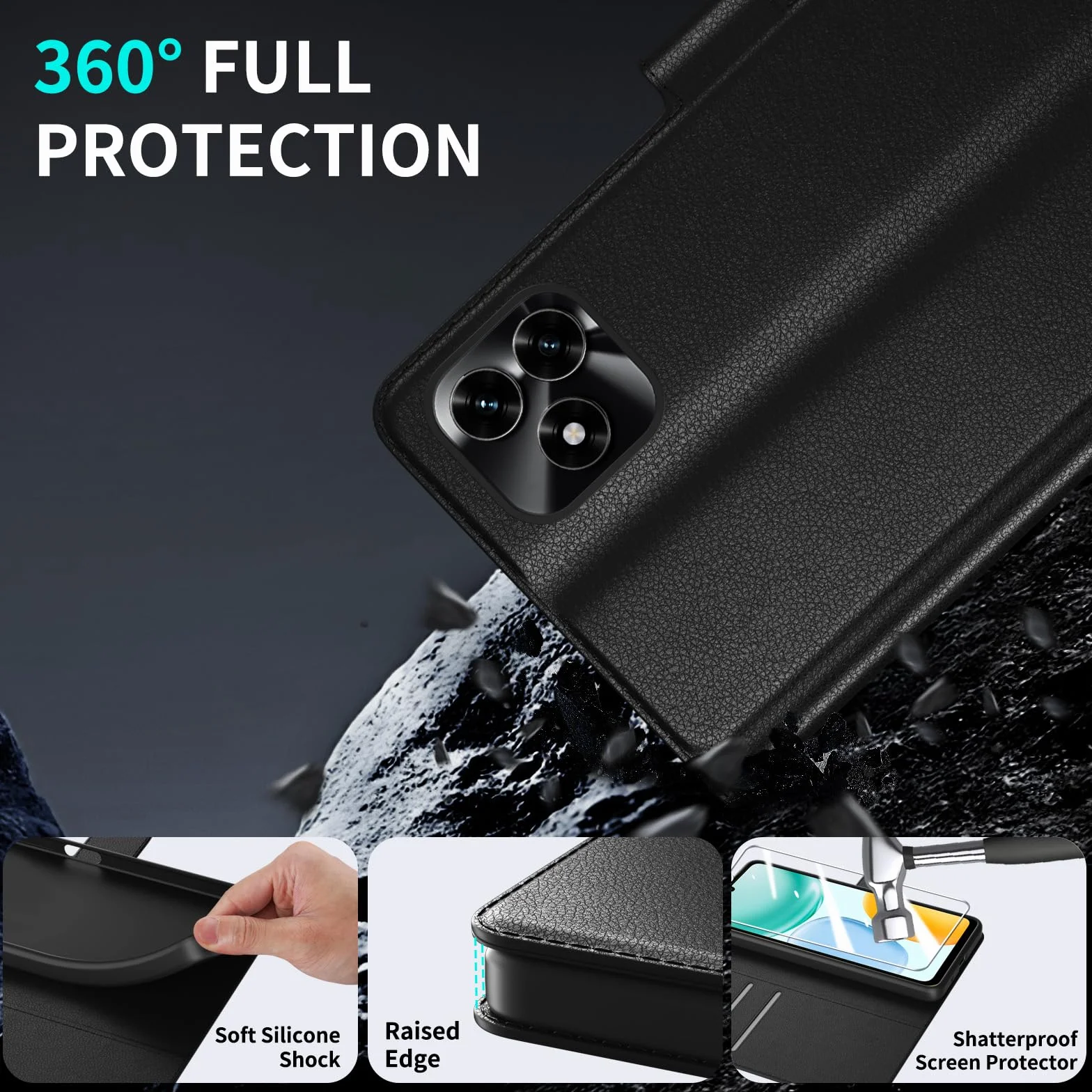 Cover per Honor X5C Plus Portafoglio Pelle PU Premium, Custodia Scomparti Carte Antiurto Protettiva Case con 1 Vetro Temperato, Nero