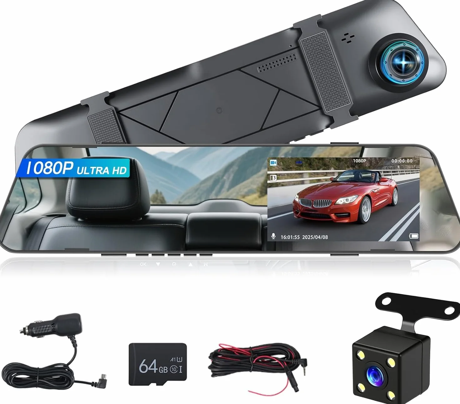 NHOPEEW 1080P Dash Cam con specchio e schermo da 4,5 pollici - Telecamere anteriori e posteriori Supporta registrazione in loop Controllo dell'esposizione della linea di retromarcia Visione notturna