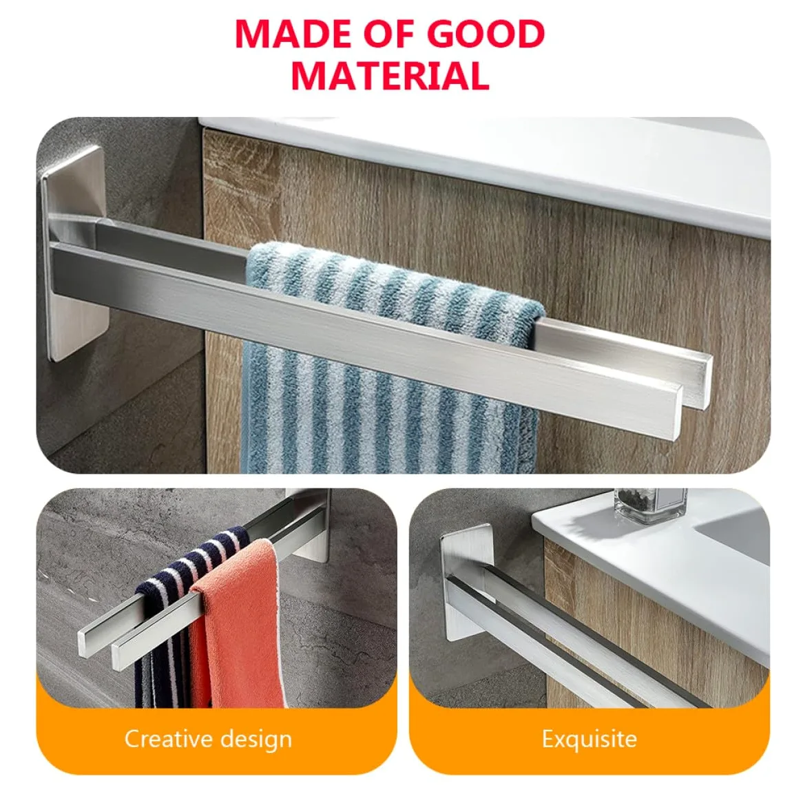 Portasciugamani da Bagno e Cucina in Acciaio Inox 304 Mensola da Parete Doppia senza Fori Portasciugamani Robusto da 39 CM per Bagno e Camera Installazione senza Danni