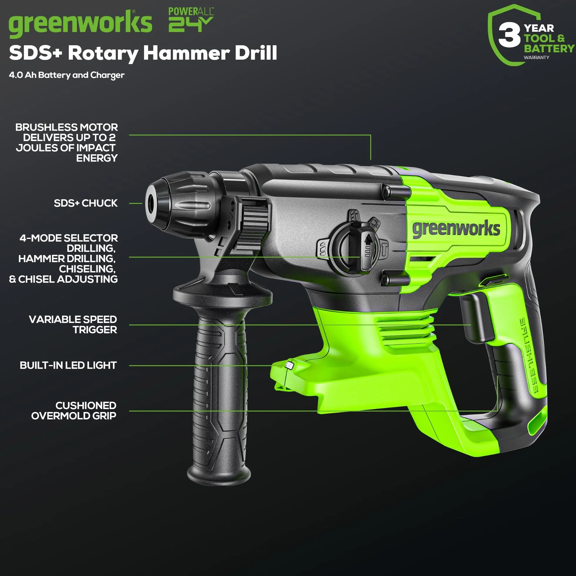 Greenworks Martello perforatore 24 V 2J Avvitatore a percussione 300 Nm Batteria 4 Ah Caricabatterie