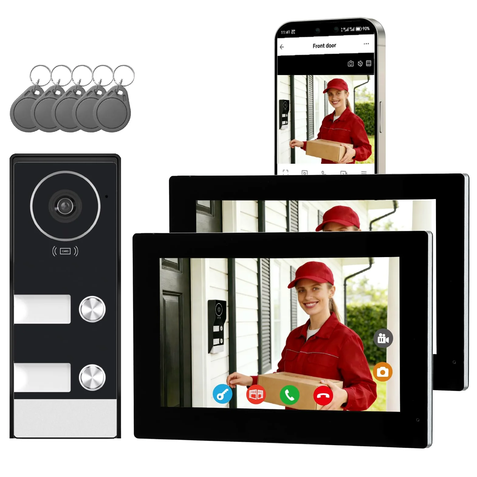 Sistema Videocitofonico Domestico Intelligente, videocitofono cablato con 2 Schermi da 7 pollici, Sblocco Remota, Audio Bidirezionale, RFID, visione notturna,per 2Famiglie