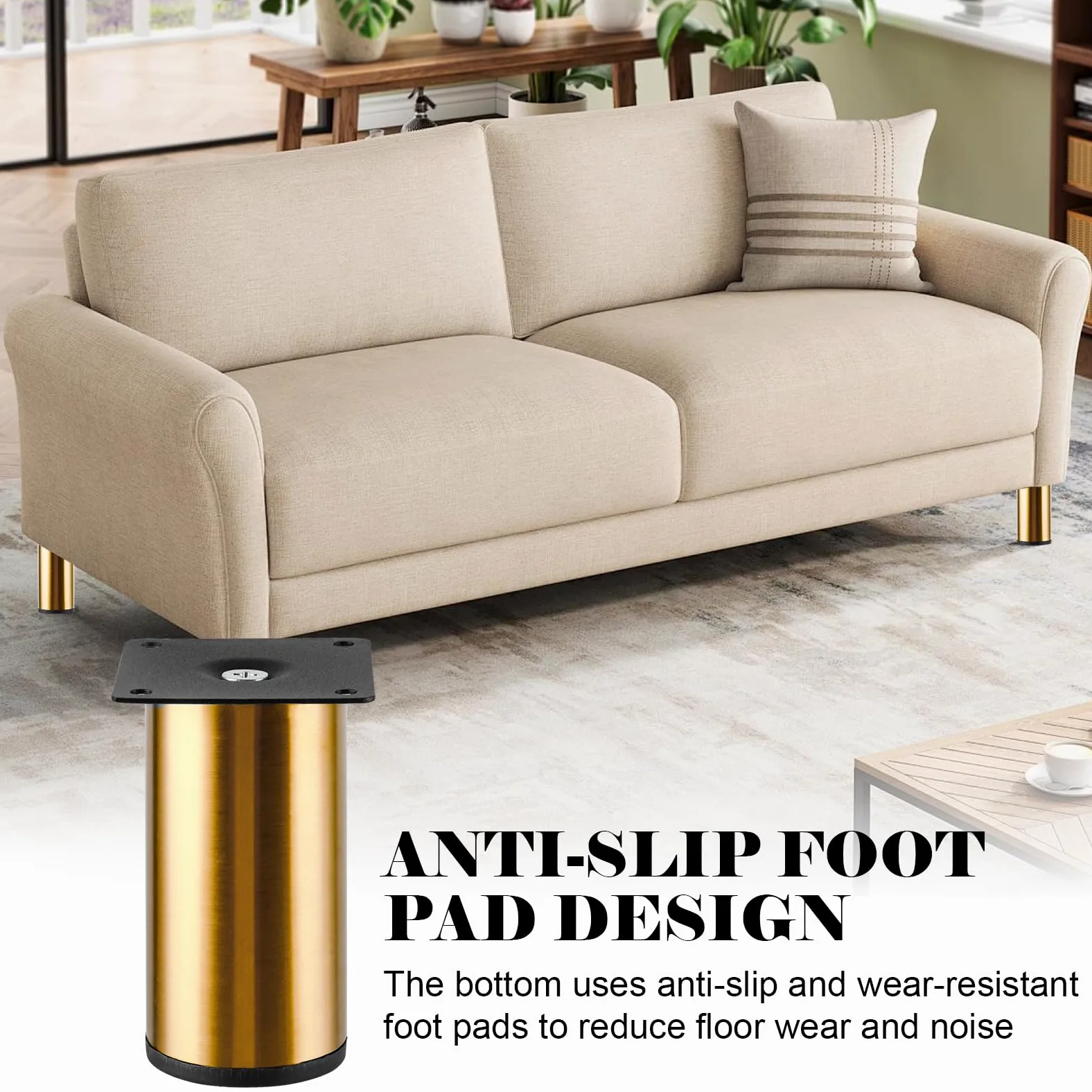 YAYODS Set di 8 piedini per mobili dorati da 10 cm, robuste gambe per mobili in metallo, regolabili in altezza + 10 mm, piedini resistenti per comò, divano, tavolino da caffè e mobile TV, viti incluse