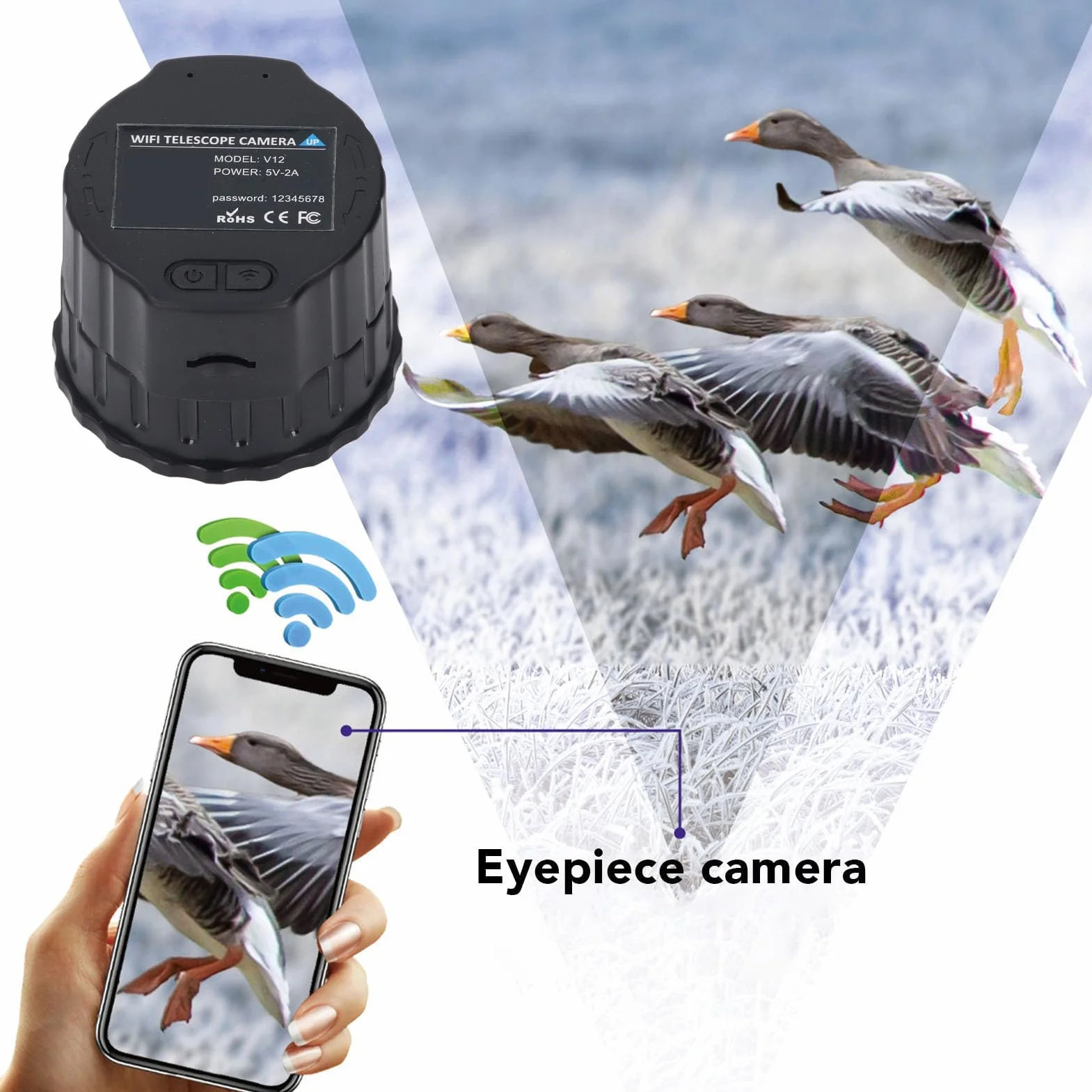 Telecamera WiFi, Oculare Elettronico Wireless, Registrazione Video 2K e Foto da 24 MP per Telescopi da 24 Mm-50 Mm, per Astrofotografia, Birdwatching (Nessuna memoria)