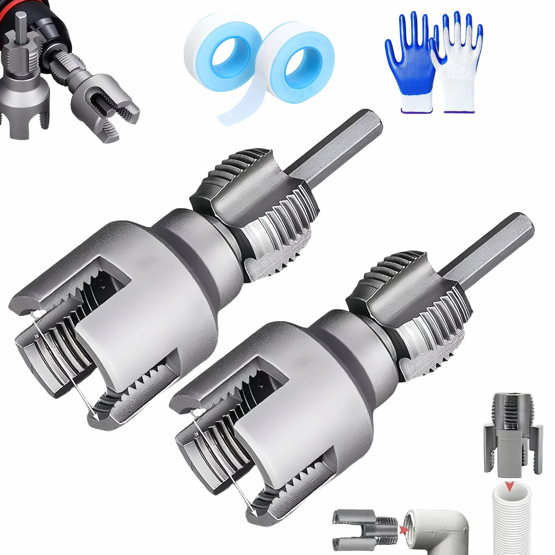 Integrated Internal & External Pipe Threading Tool,2025 New Pipe Thread Cutting Tool,1/2'' & 3/4'' PVC Pipe Threader Kit,Electric Drill Compatible Threader Kit for Home Repair (1/2''+3/4'')