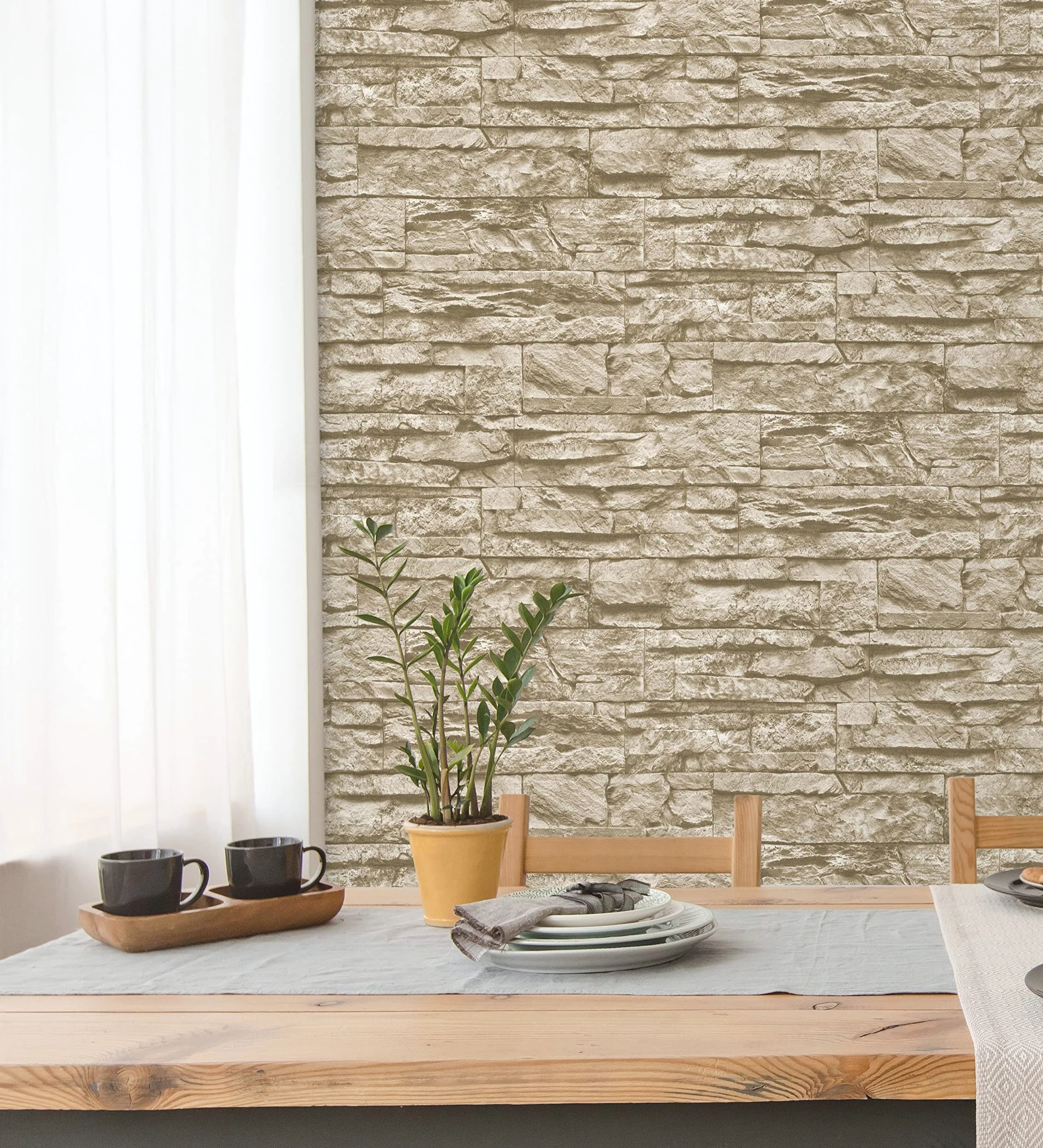 GAULAN 453146 - Carta da parati lavabile in vinile imitazione pietra ardesia beige texture in rilievo 3D per pareti soggiorno cucina bagno sala da pranzo - Rotolo di 10 m x 0,53 m