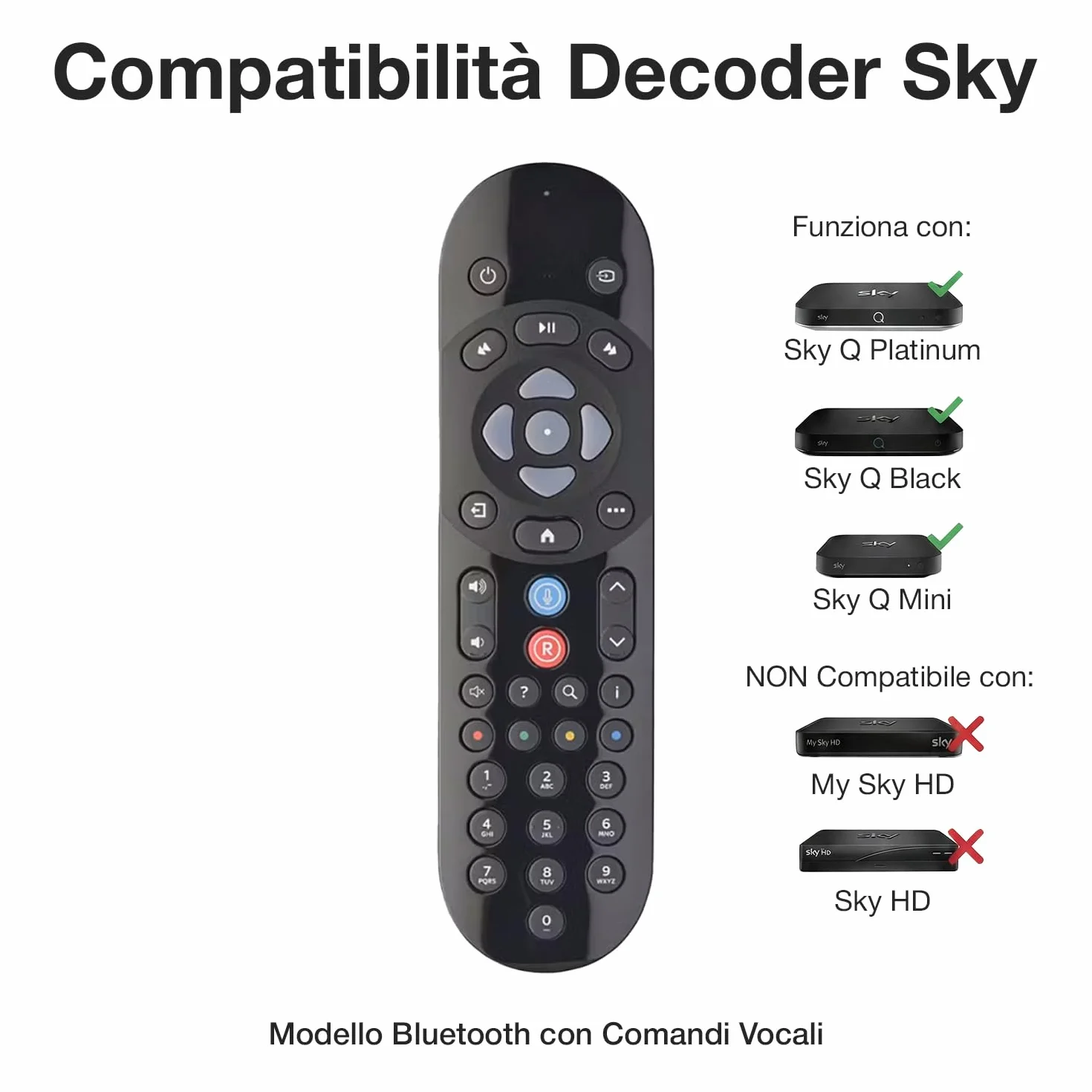 Telecomando Bluetooth Vocale Compatibile con SkyQ, Sky Q Mini, Platinum, Silver, 1TB e 2TB, Batterie Incluse, Facile Configurazione, Azienda Italiana, Qualità Testata in Italia