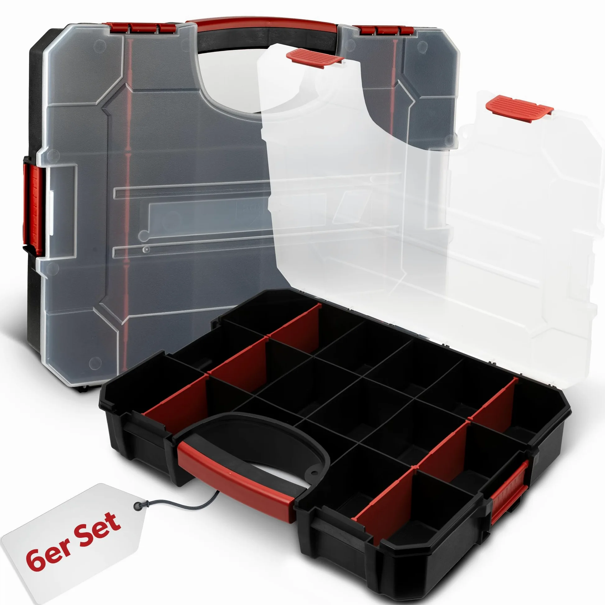 6 x Scatola di assortimento siwitec con 16 scomparti e 6 divisori regolabili, scatola di assortimento per minuteria, organizzatore di utensili, magazzino per minuteria, 38 x 29 x 6,5 cm
