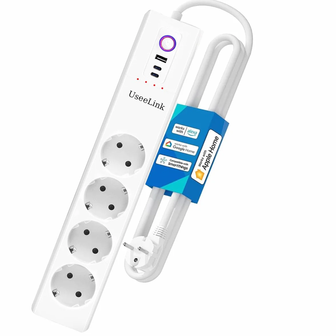 UseeLink Zigbee protezione da sovratensione ciabatta 10A 4 prese CA interruttori individuali 2 protezione da sovraccarico timer USB nessun hub richiesto Certificato CE Bianco