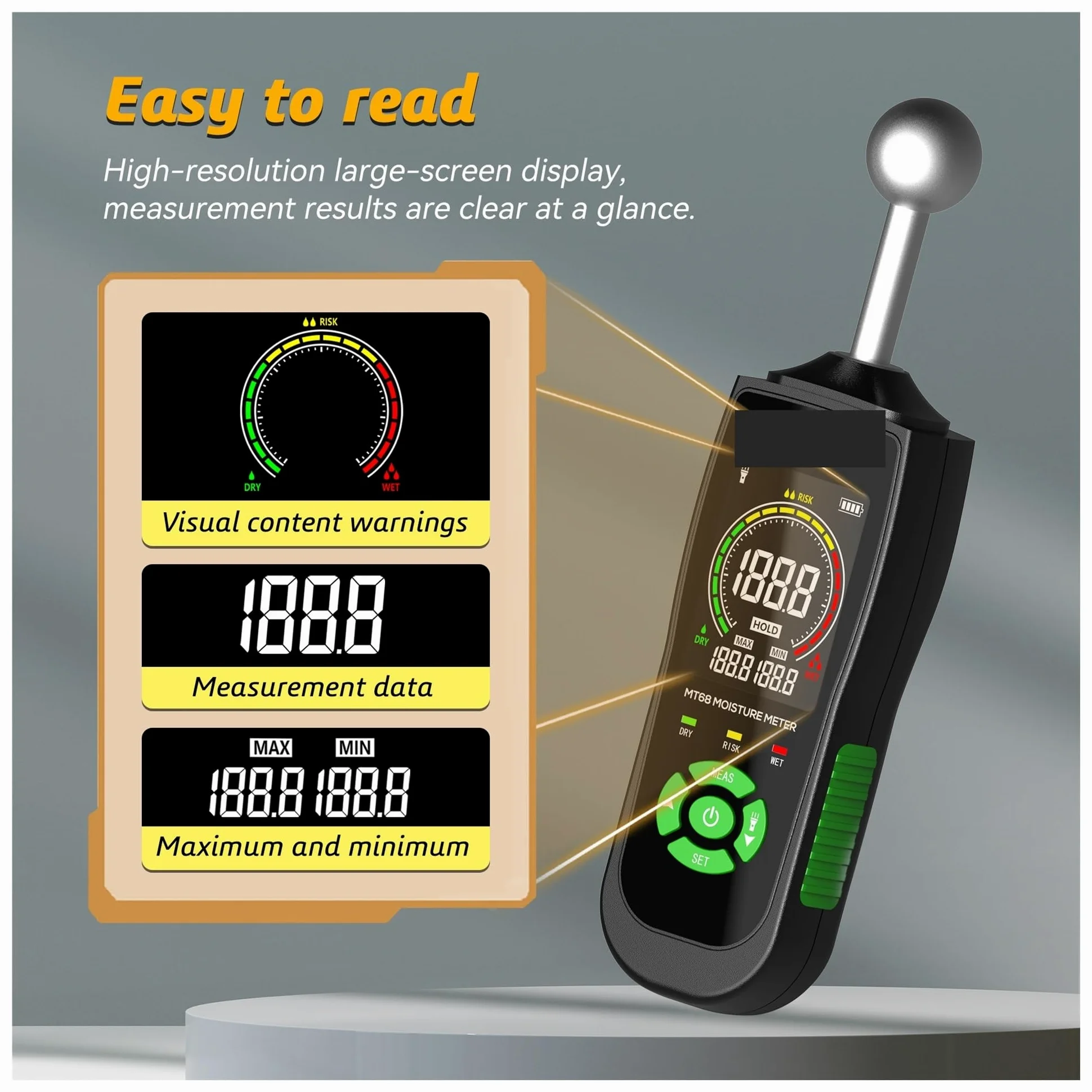 Misuratore di umidità del Legno Digitale MT68 Rilevatore Senza Contatto Schermo LCD Igrometro Allarme Tester Sfere Piccolo Errore