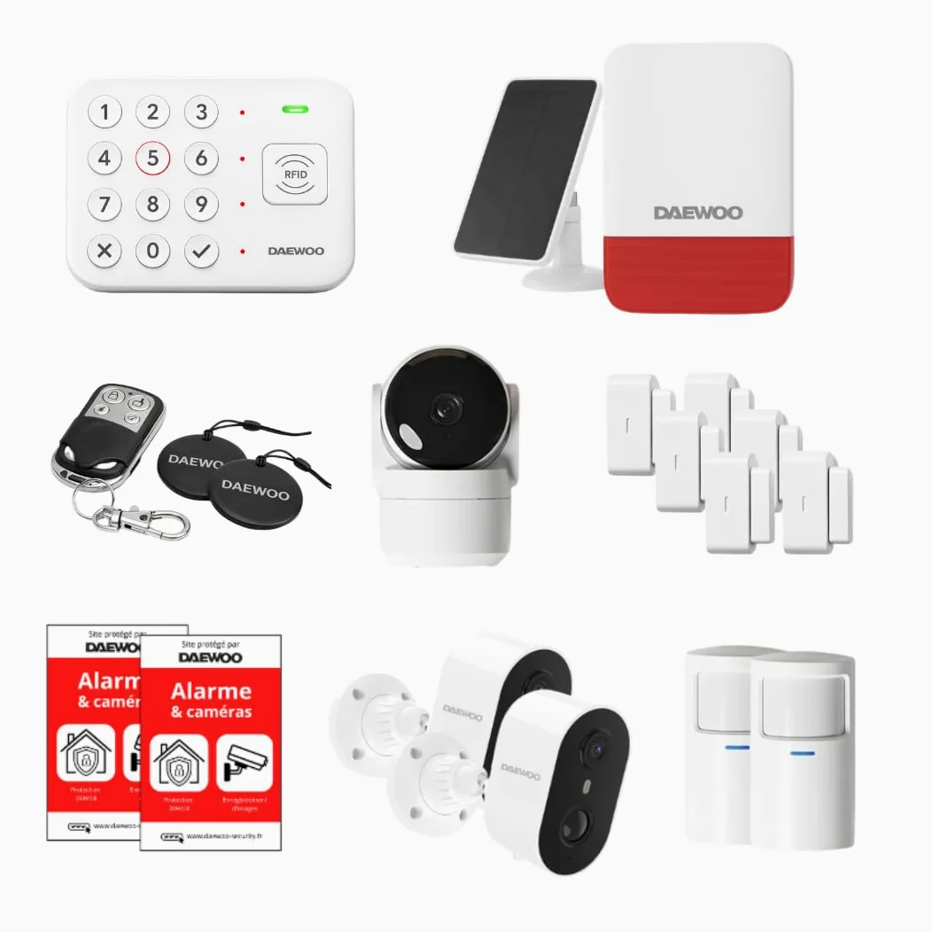 Daewoo Security - Allarme Casa WiFi Wireless Vigilia Protect - Kit completo con 3 telecamere Full HD (1 interna + 2 esterni), Sirena Esterna, 6 contattori e 8 accessori - senza abbonamento