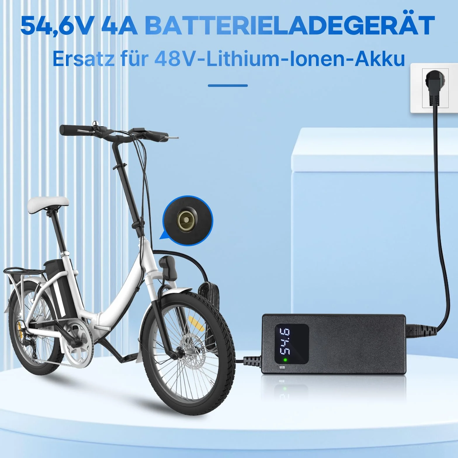 Caricabatterie da 54,6 2 A per scooter elettrico, 48 V, 13 s, batteria agli ioni di litio a 1 foro, spina da 5,5 x 2,1 mm, alimentatore di rete da 48 V con ventola integrata, con display per la
