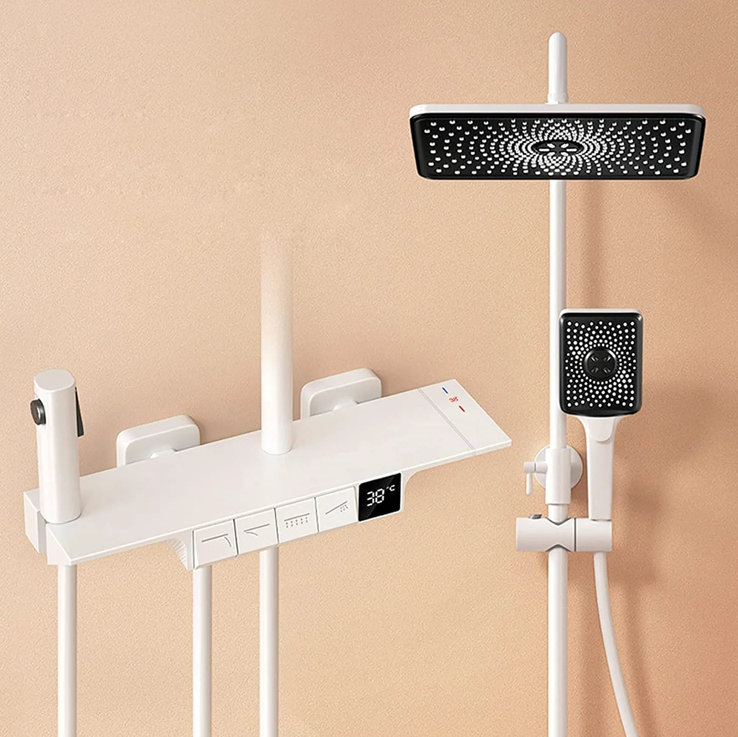 Set Doccia termostatico, Set Rubinetto a Parete, soffione a Pioggia con doccetta, beccuccio per Vasca, doccetta per Bidet e Kit di valvola con visualizzazione della Temperatura