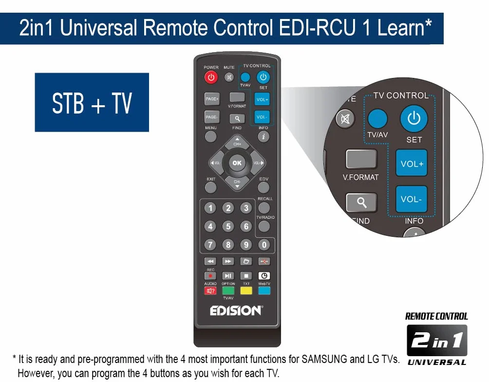 EDISION TELECOMANDO UNIVERSALE EDI-RCU 1 Learn, ORIGINALE, PROGRAMMABILE, 2in1 TV e RICEVITORE, PICCO T2, PICCO T265, PICCO T265+, NANO T265+, PICCO T265 pro, PROTON S2, PICCO S2