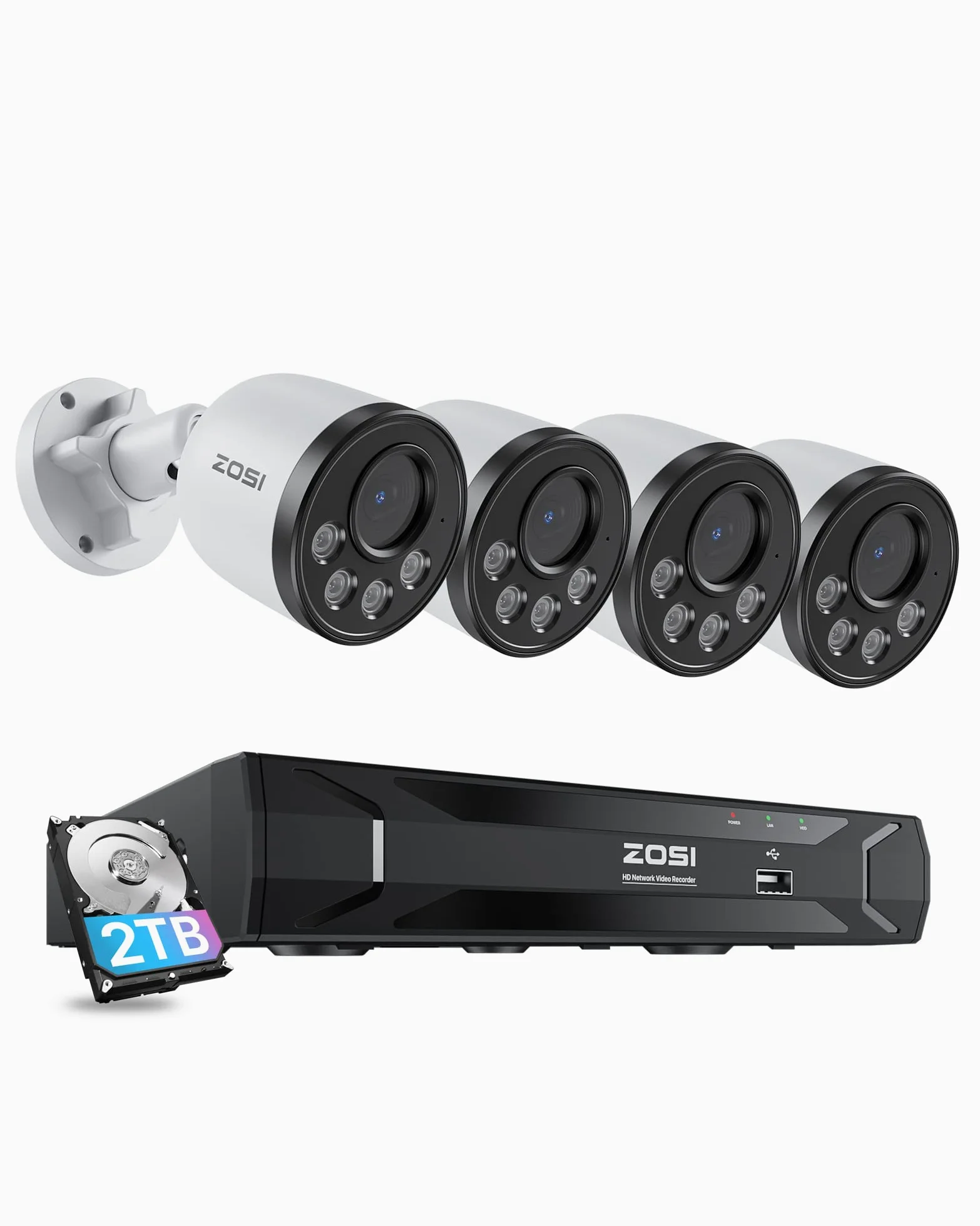 ZOSI 4MP Kit Videosorveglianza PoE Esterno, 4x Telecamera PoE Esterna, 8CH 5MP NVR con 2TB Hard Disk, Rilevamento di Persone, Audio Unidirezionale, Accesso Remoto, C180
