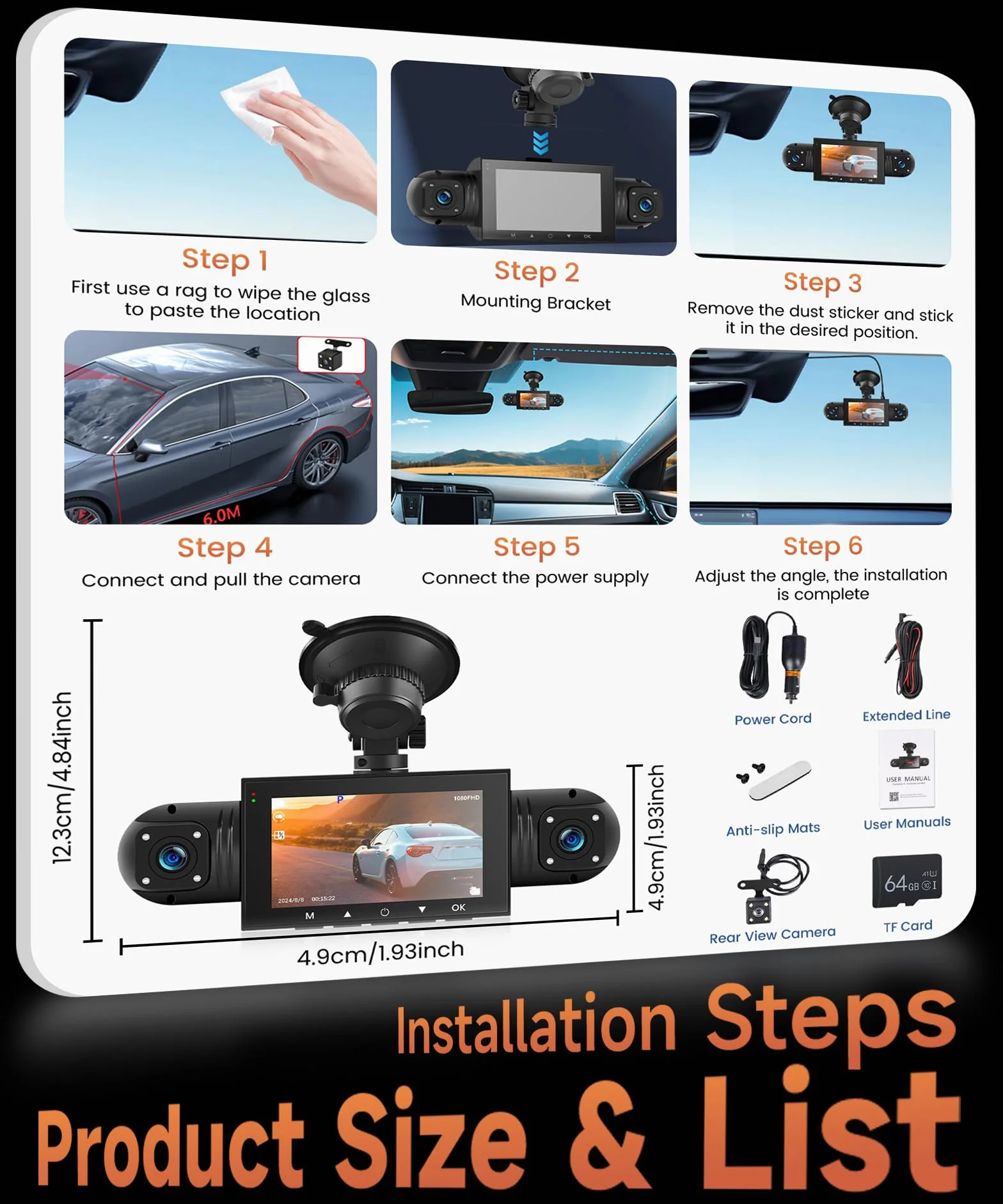 4 Canali Dashcam Auto 360°, 4 Telecamera HD 1080P Anteriore e Posteriore Sinistra Destra, 3 Pollici 1080P Dash Cam con 8 IR Visione Notturna/Loop video/24H Parcheggio Monitor/G-Sensore