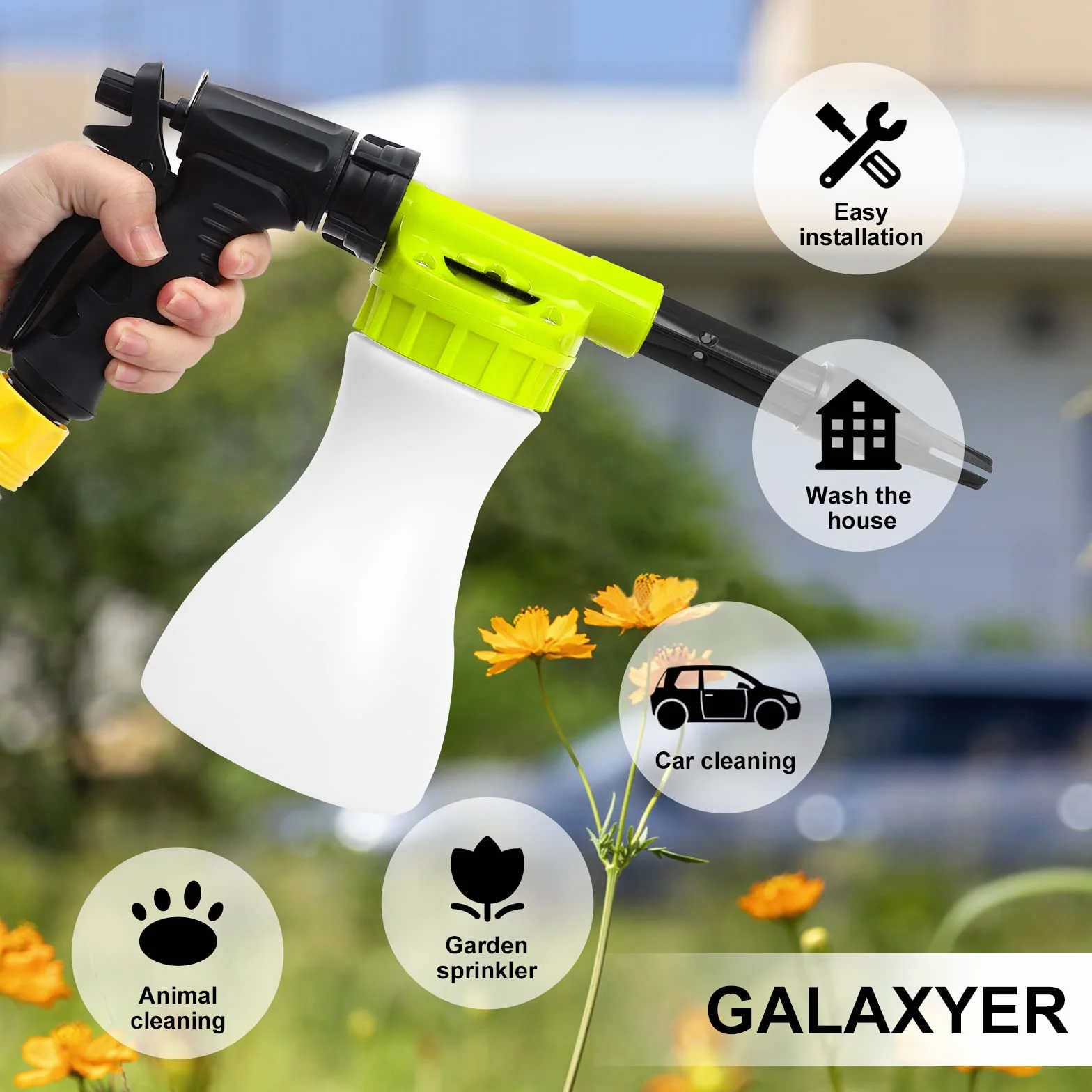 GALAXYER Pistola per Schiuma Da Neve Regolabile Da 900 ml, Lancia Schiuma Ollegamento Rapido Al Tubo Da Giardino, Attrezzi per Lavare Auto, Irrigare Case e Giardini