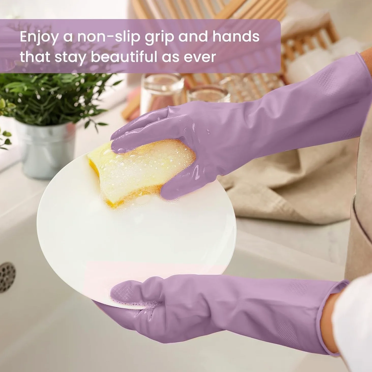 Guanti in Gomma per Lavare Piatti, 4 Paia di Guanti riutilizzabili per Pulizie domestiche, Guanti Colorati con Rivestimento spalmato e Presa Antiscivolo, 3-Purple, G