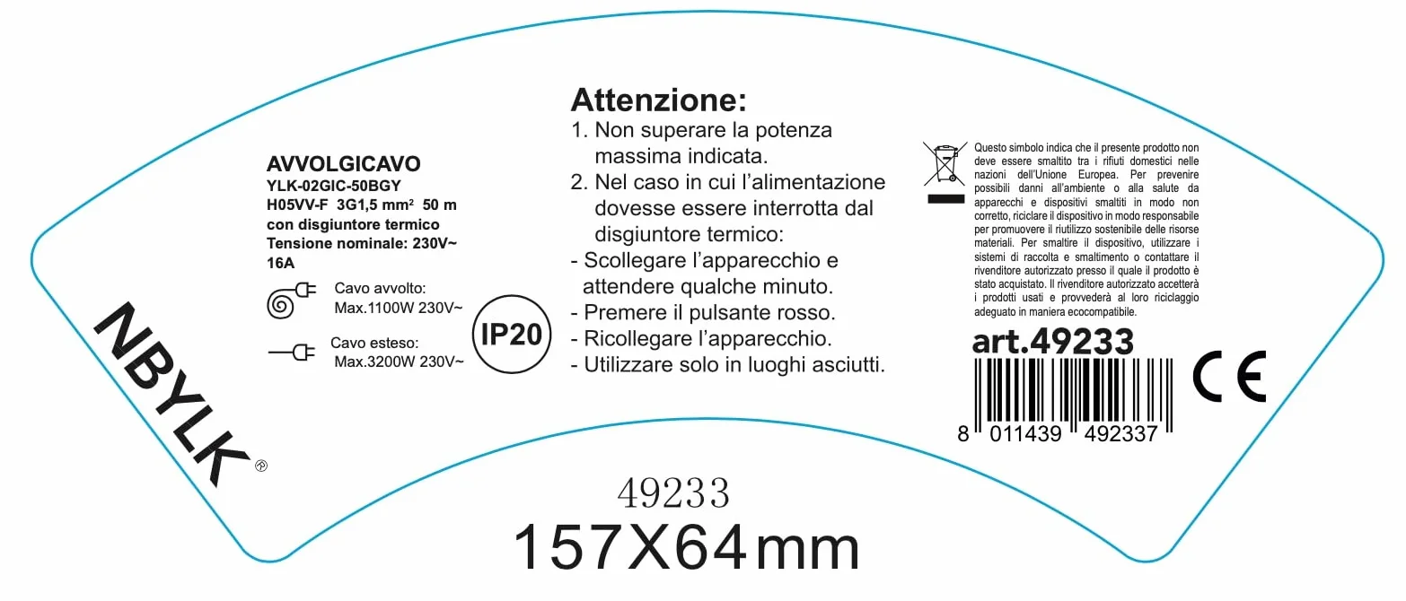 Electraline 49233 Prolunga Giardino con Avvolgicavo 50 mt Spina 16A e Presa Polivalente (Schuko + 10/16A) Adatta per Elettrodomestici da Giardinaggio, con Protezione, Verde/Arancione