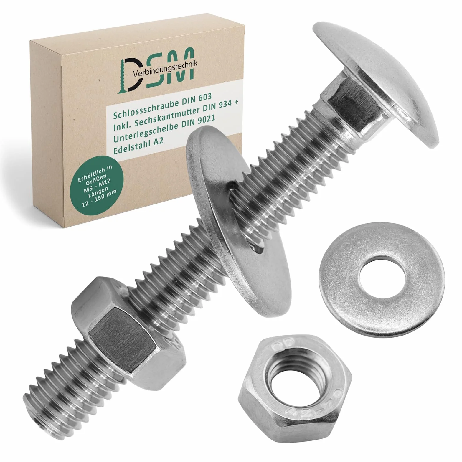 Viti a testa tonda M10 x 50 mm DIN 603 acciaio inox A2 dado esagonale M10 DIN 934 rondella DIN 9021 5 pezzi