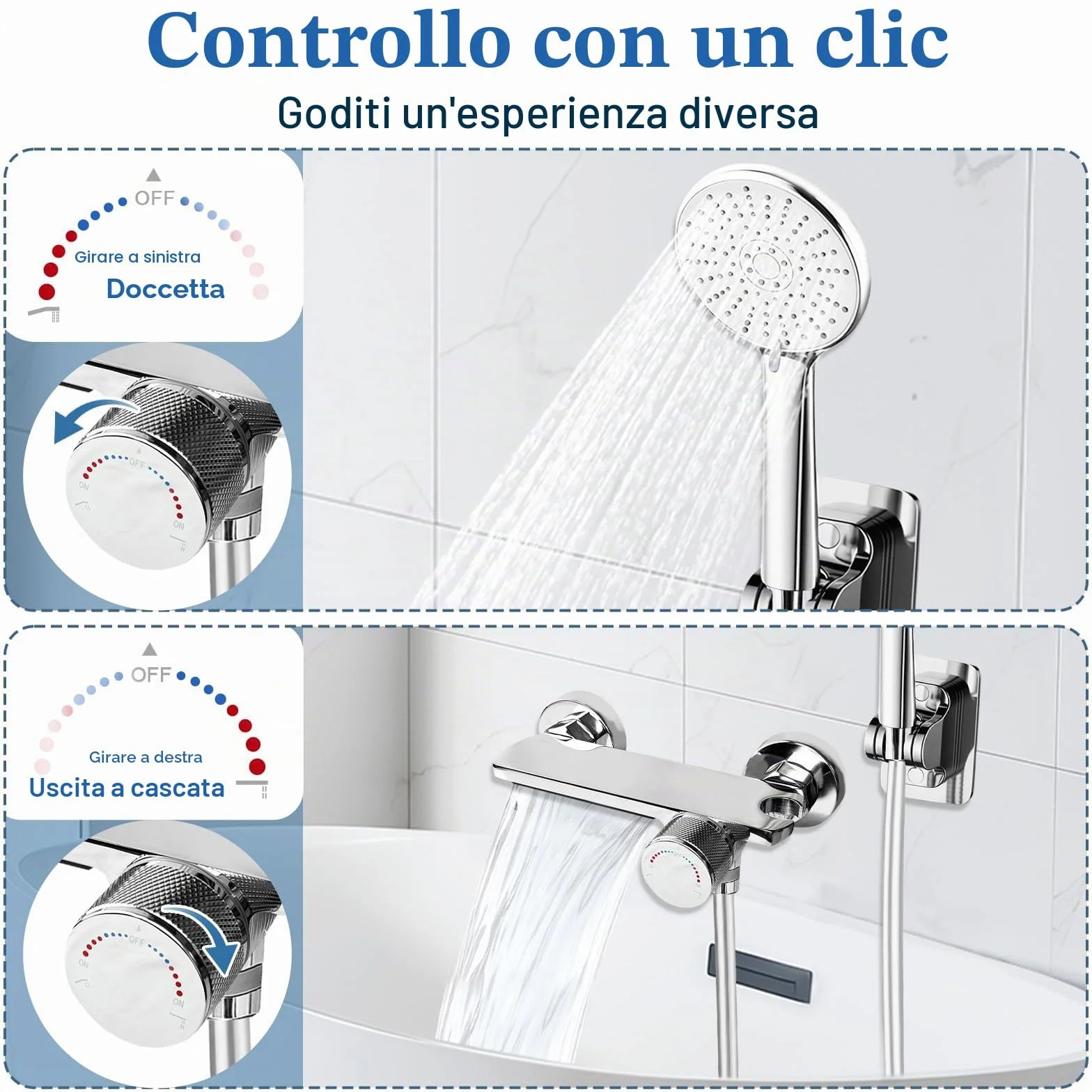 Rubinetto Vasca da Bagno a Parete, Miscelatore Cascata con Doccetta, Tubo 1,5m Antigroviglio, Ottone Massello, Cromato Argento