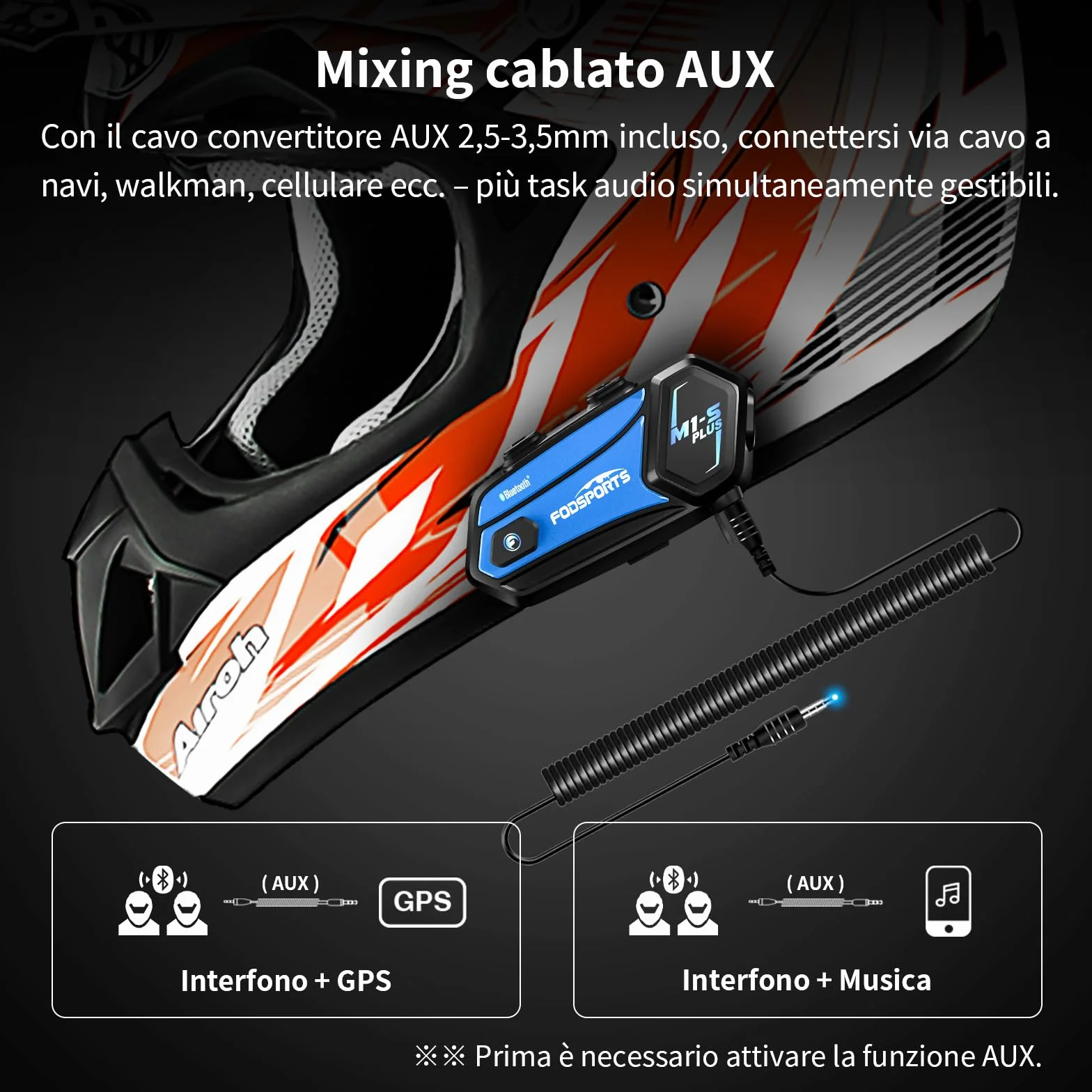 Fodsports M1-S Plus Interfono Moto con Condivisione Musica,Auricolare Casco Bluetooth Coppia,2000M Sistema di Comunicazione Casco,Fino a 10 Persone, Audio Multitasking Cablato,Universale Sciare/ATV