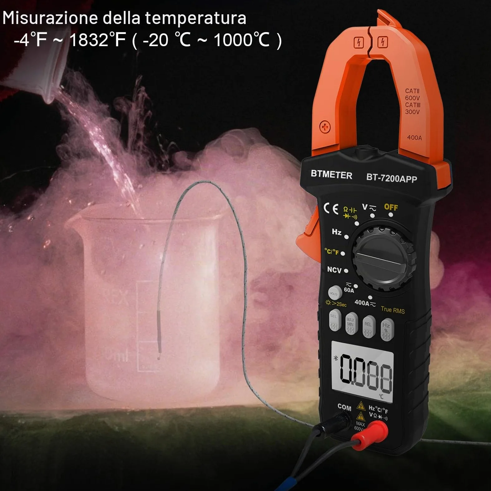 BTMETER BT-7200APP TRMS 6000 conteggi Multimetro a pinza, Amperometro a pinza digitale Bluetooth per corrente alternata/CC Tensione Resistenza Condensatore Frequenza Continuità Temperatura NCV