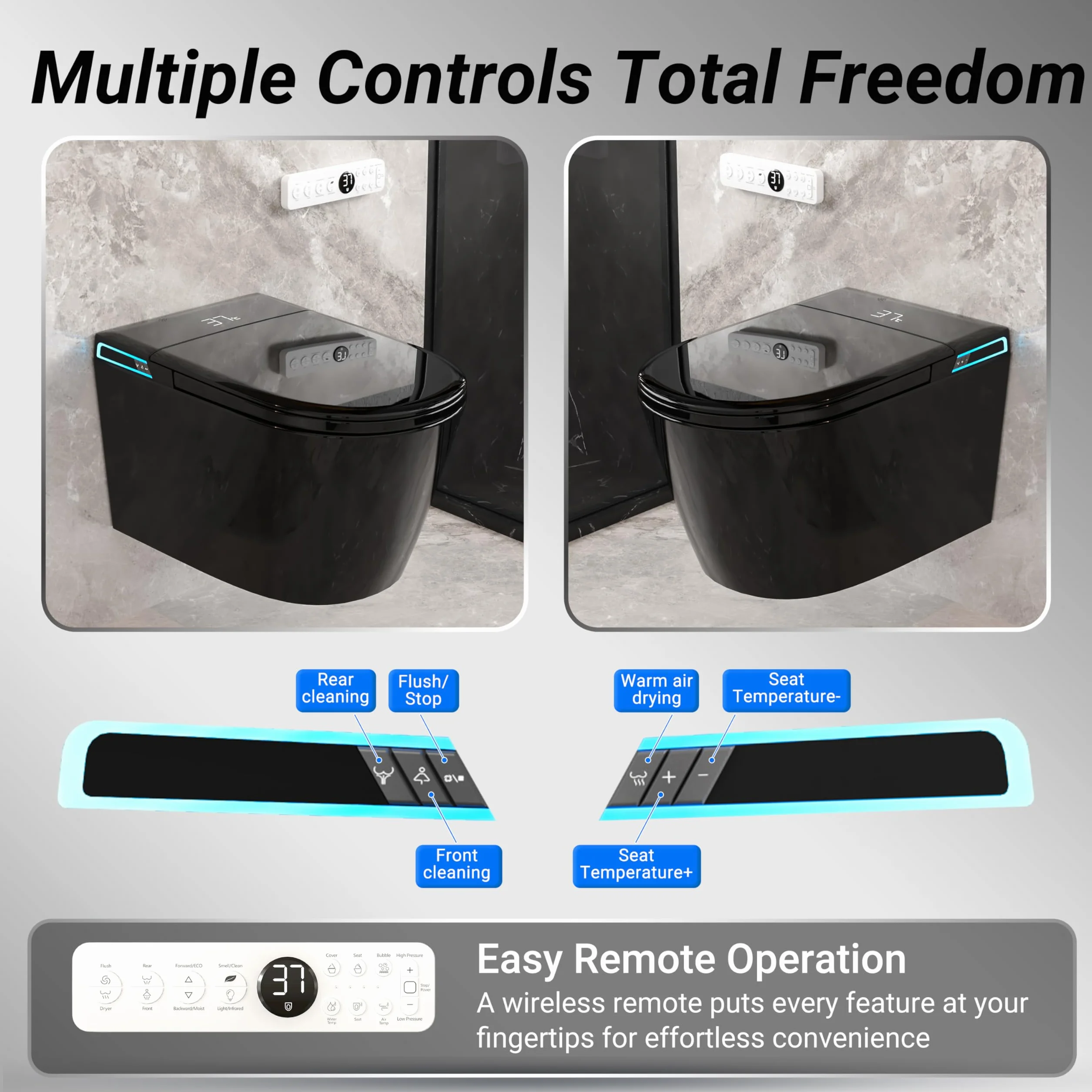 Smart WC nero da appendere alla parete, scarico automatico, coperchio con apertura e chiusura automatica, sedile riscaldato, acqua calda/asciugatrice, moderno bidet allungato con supporto a