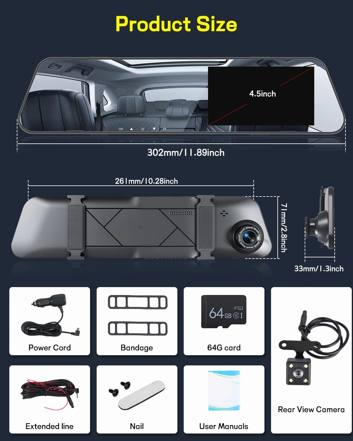 NHOPEEW 1080P Dash Cam con specchio e schermo da 4,5 pollici - Telecamere anteriori e posteriori Supporta registrazione in loop Controllo dell'esposizione della linea di retromarcia Visione notturna