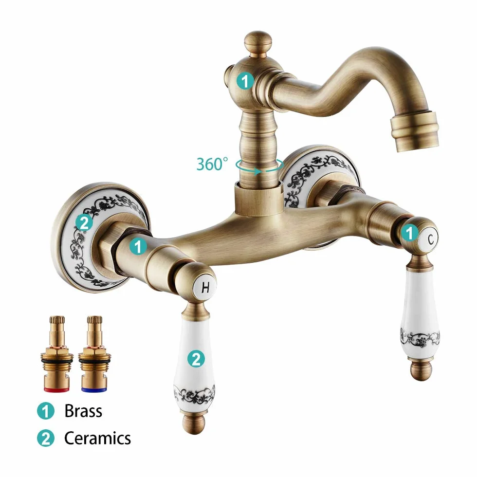 Rubinetto Bronzo a Muro in Ottone con Doppio Manopole in Ceramica Rotazione 360 ° Rubinetto per Cucina a Parete Vintage Supporto Caldo e Freddo Raffinato