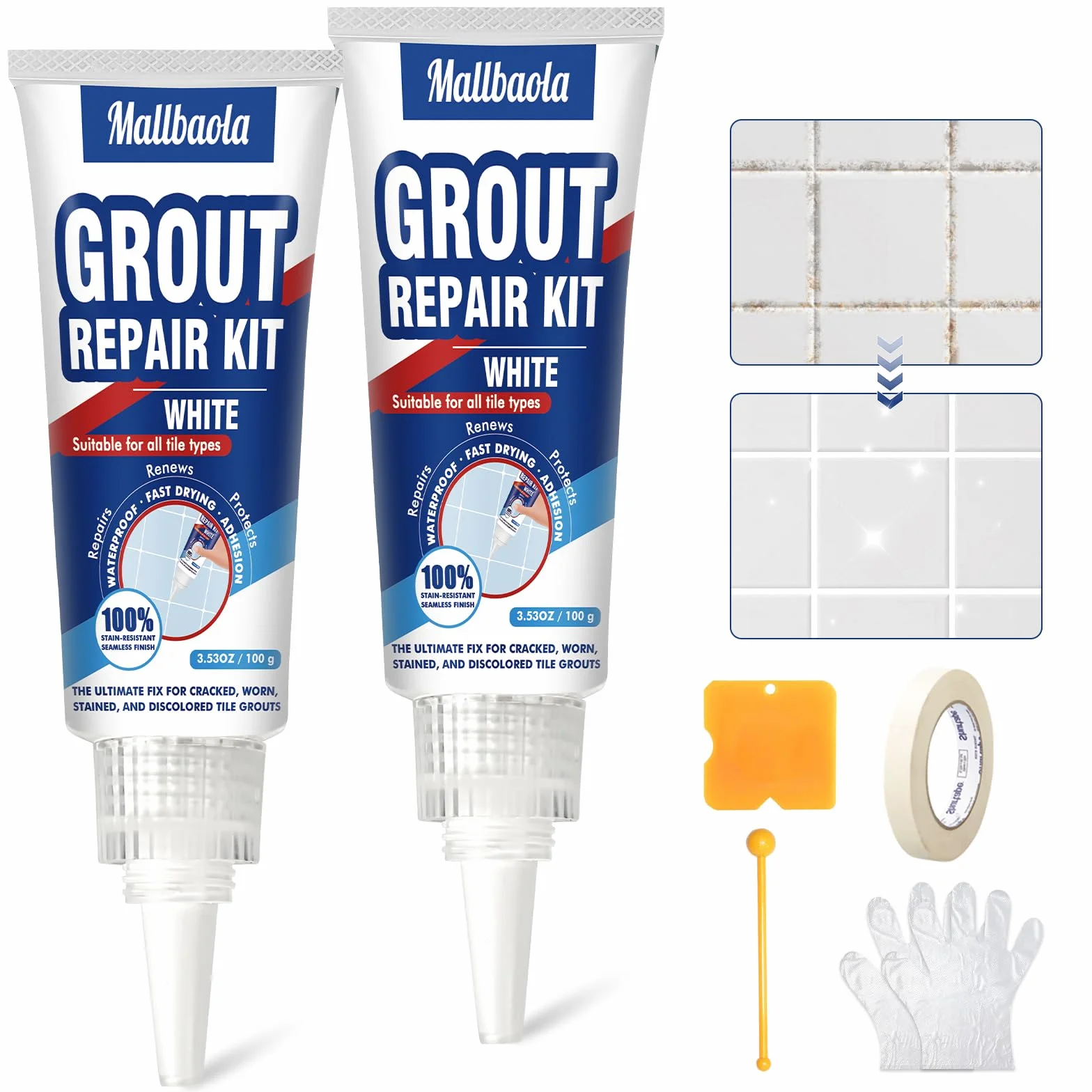 Riparazione Fughe Piastrelle Bianco, 2 Pack Kit Stucco per Piastrelle Bagno Doccia Pavimenti Pareti Cucina, Asciugatura Rapida