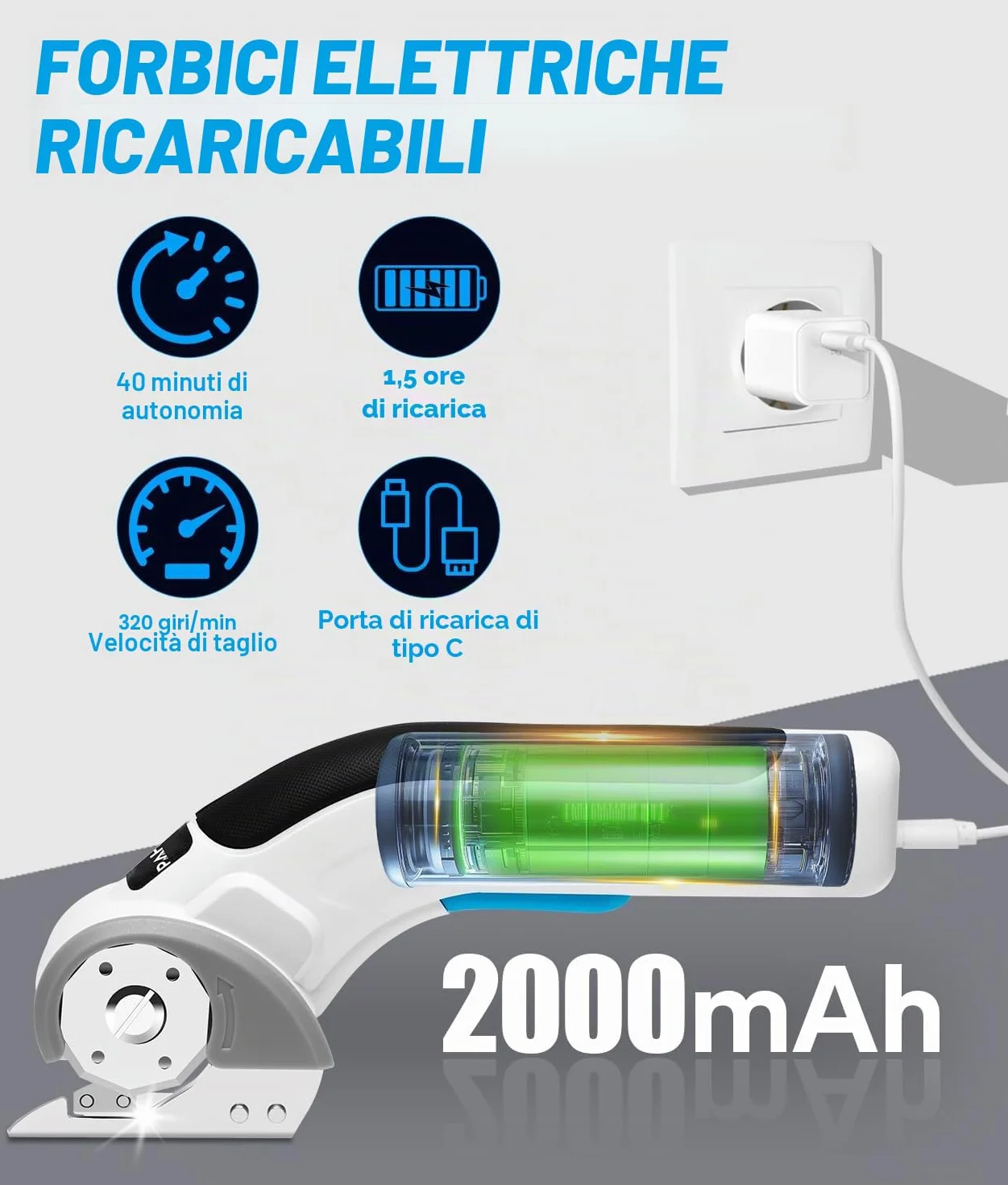 PAHTTO Forbici elettriche senza fili Taglierina rotante 4V 320 giri/min con 2 lame autoaffilanti per cartone, pelle, tessuto