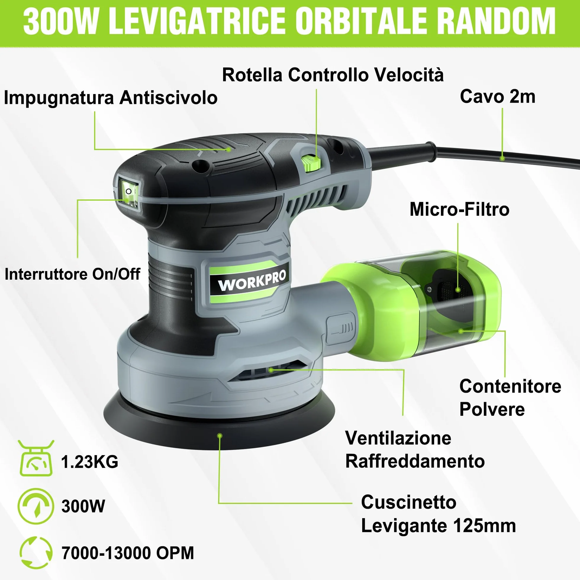 WORKPRO Orbitale 125mm, Rotorbitale 300W 7000-13000 OPM, Eccentrica con Aspirazione e Contenitore Polvere, 20 Pezzi Carta Abrasiva