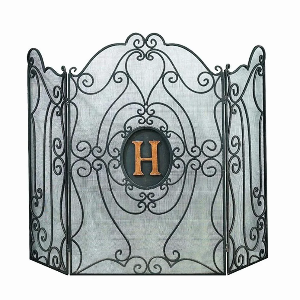 Parascintille per Camino in Ferro, parascintille a 3 Pannelli, parascintille per Camino HXW 60 X 90 cm, Nero, Copertura Dorata