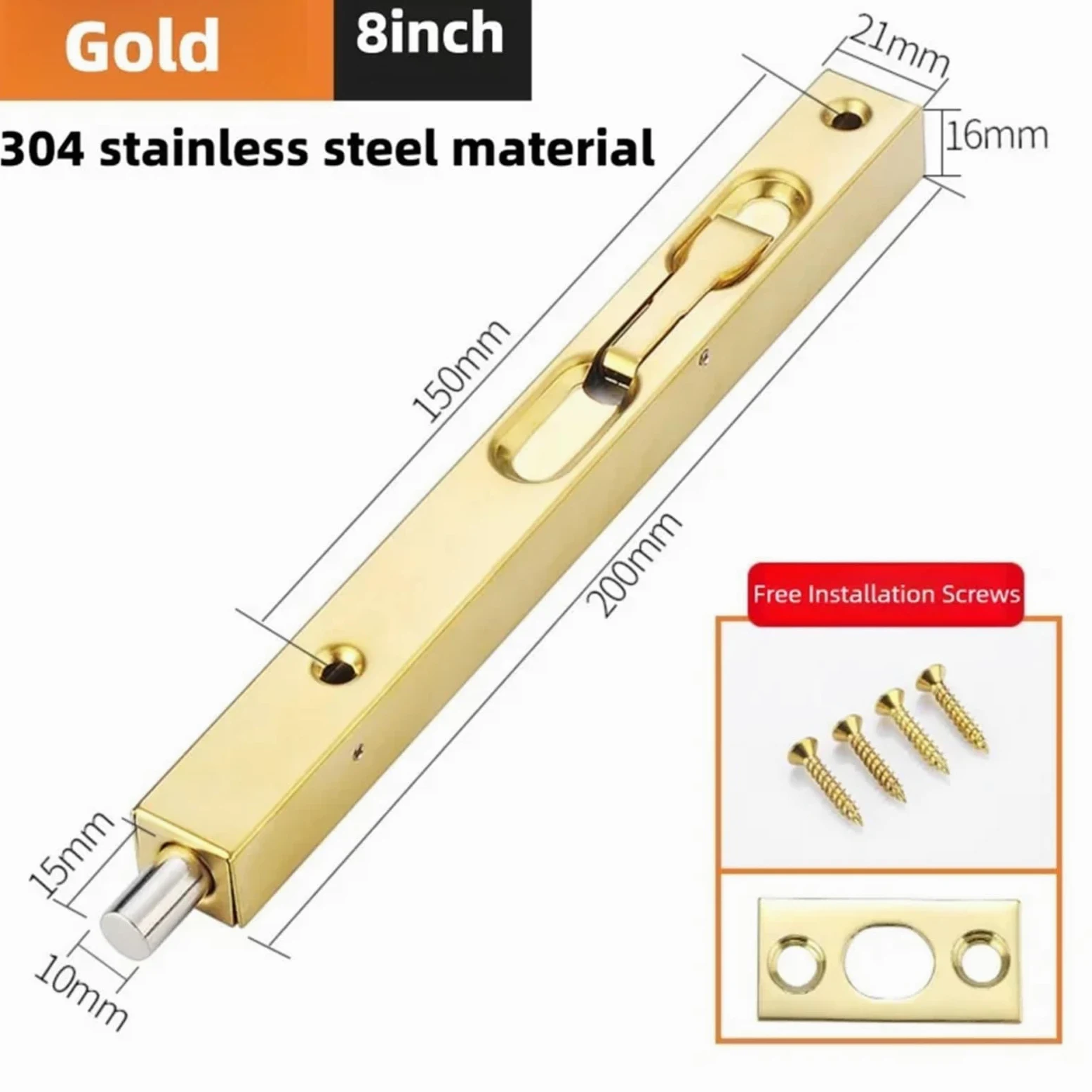 Bulloni a filo per doppia porta, 4 pezzi, in acciaio inossidabile 304, serratura verticale nascosta, per legno, principale, sicurezza e doppia (oro, 20,3 cm)