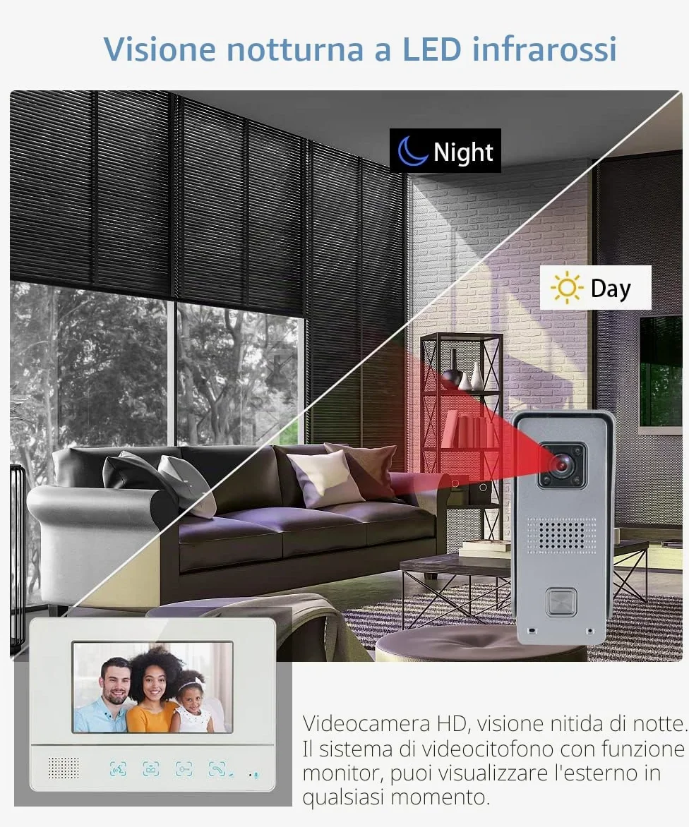 Videocitofono Cablato Monitor a Colori da 7", Citofono Smart con Videocamera Campanello Cablato Visione Notturna IR Domestico Citofono