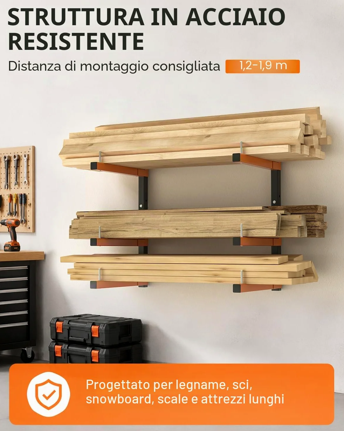 Acools Scaffale per legname, scaffale sopraelevato per garage, supporto da parete resistente, 2 scaffali in legno per organizzare e riporre negozi, organizer da parete in garage (confezione da 4)