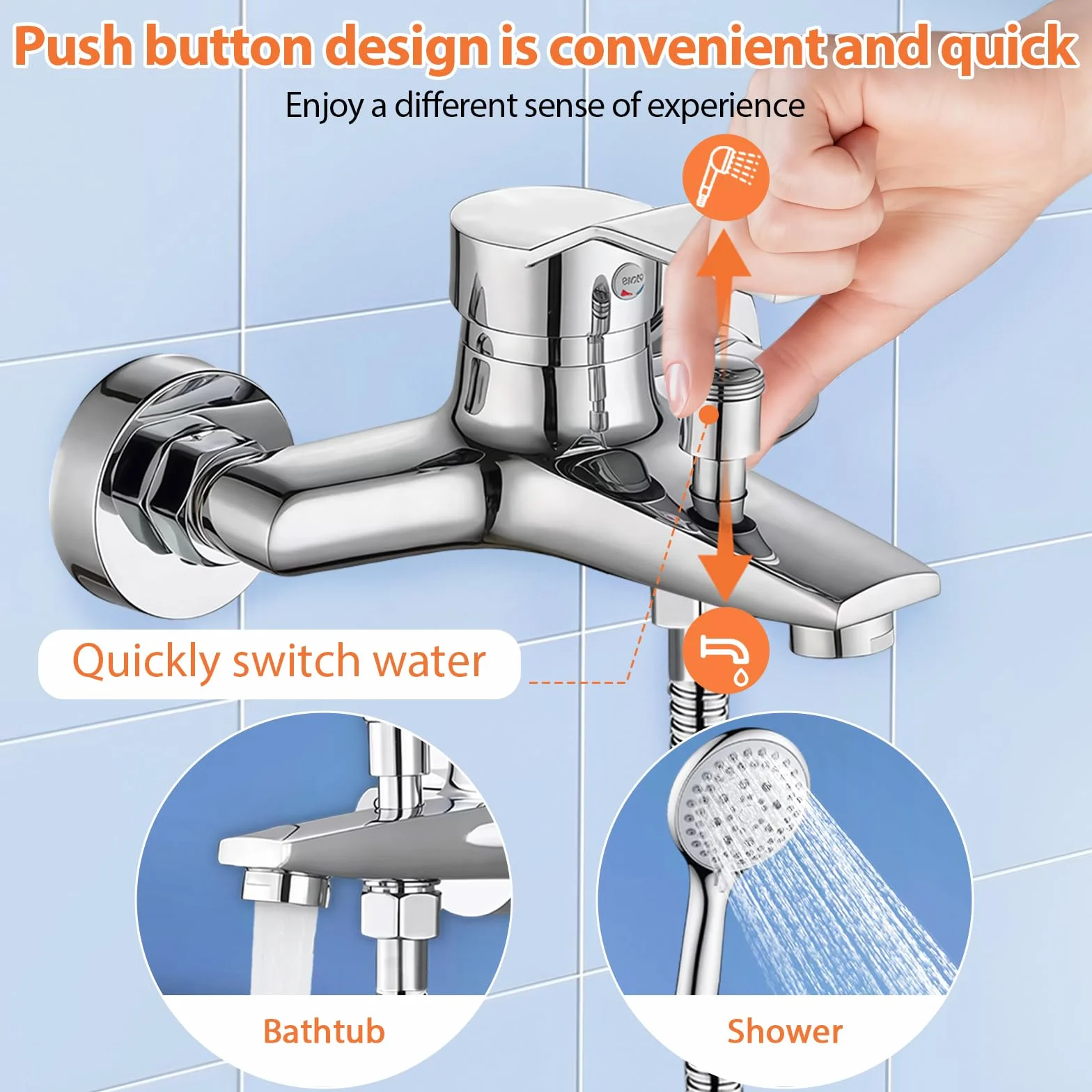 Rubinetto Vasca da Bagno a Parete, Miscelatore Monocomando in Ottone Cromato, Doppia Uscita Acqua, Installazione G1/2, Rubinetto per Bagno
