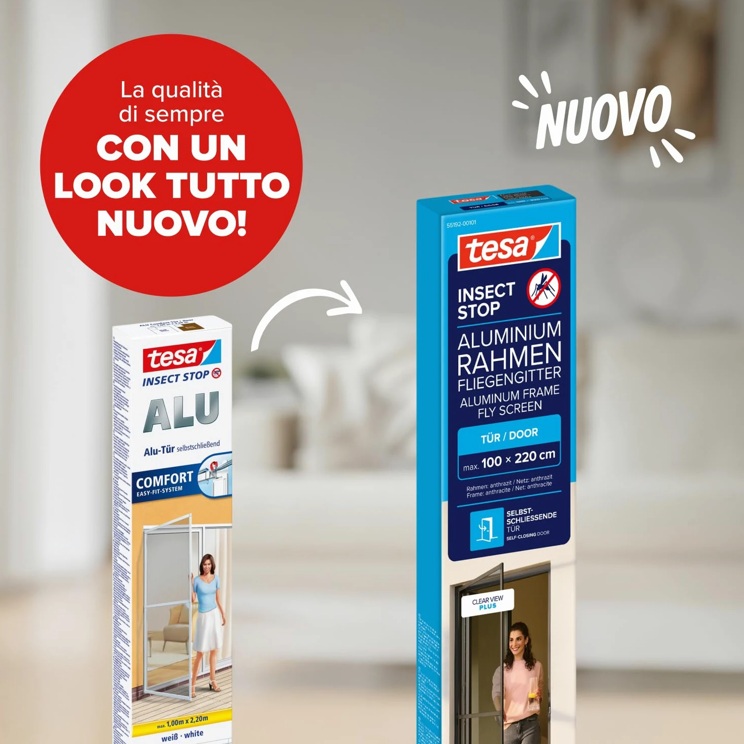 Tesa Insect Stop Alu Comfort Zanzariera per Porte con Telaio in Alluminio e " Clear-View " - Rete per Zanzare per Porta - Antracite, 100 cm x 220 cm