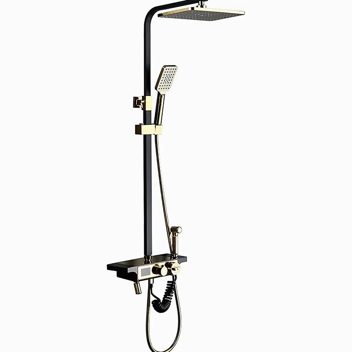 Sistema Doccia a Pioggia, Set termostatico Combinato, Rubinetto per Bagno in Oro e Nero con soffione a Pioggia, doccetta, Rubinetto per Vasca, doccetta Bidet, Display Digitale