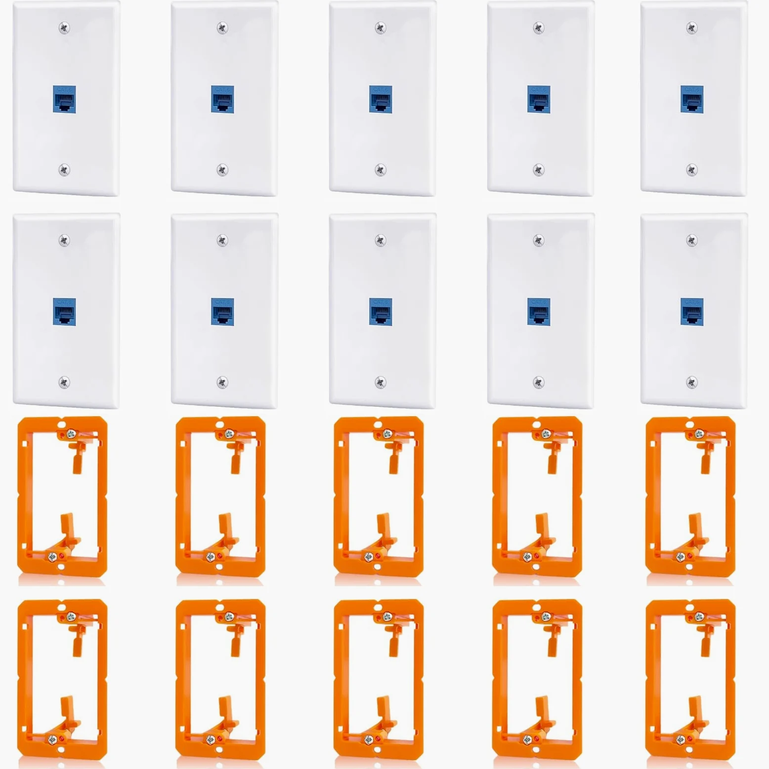 Confezione da 10 prese Ethernet a muro, 1 porta Cat6 RJ45 Keystone Jack con staffa di montaggio a bassa tensione a banda singola, piastra a parete Ethernet, accoppiatore blu femmina a femmina