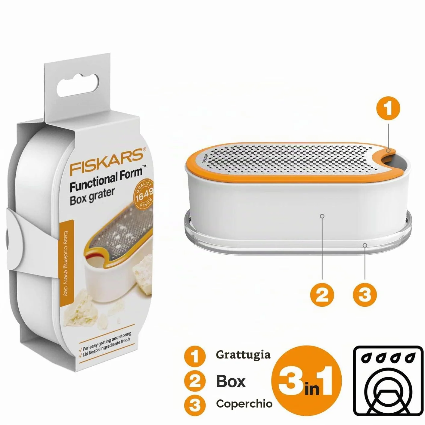 Fiskars Grattugia con contenitore, 16,8 x 9,0 cm, Metallo/Plastica, Functional Form