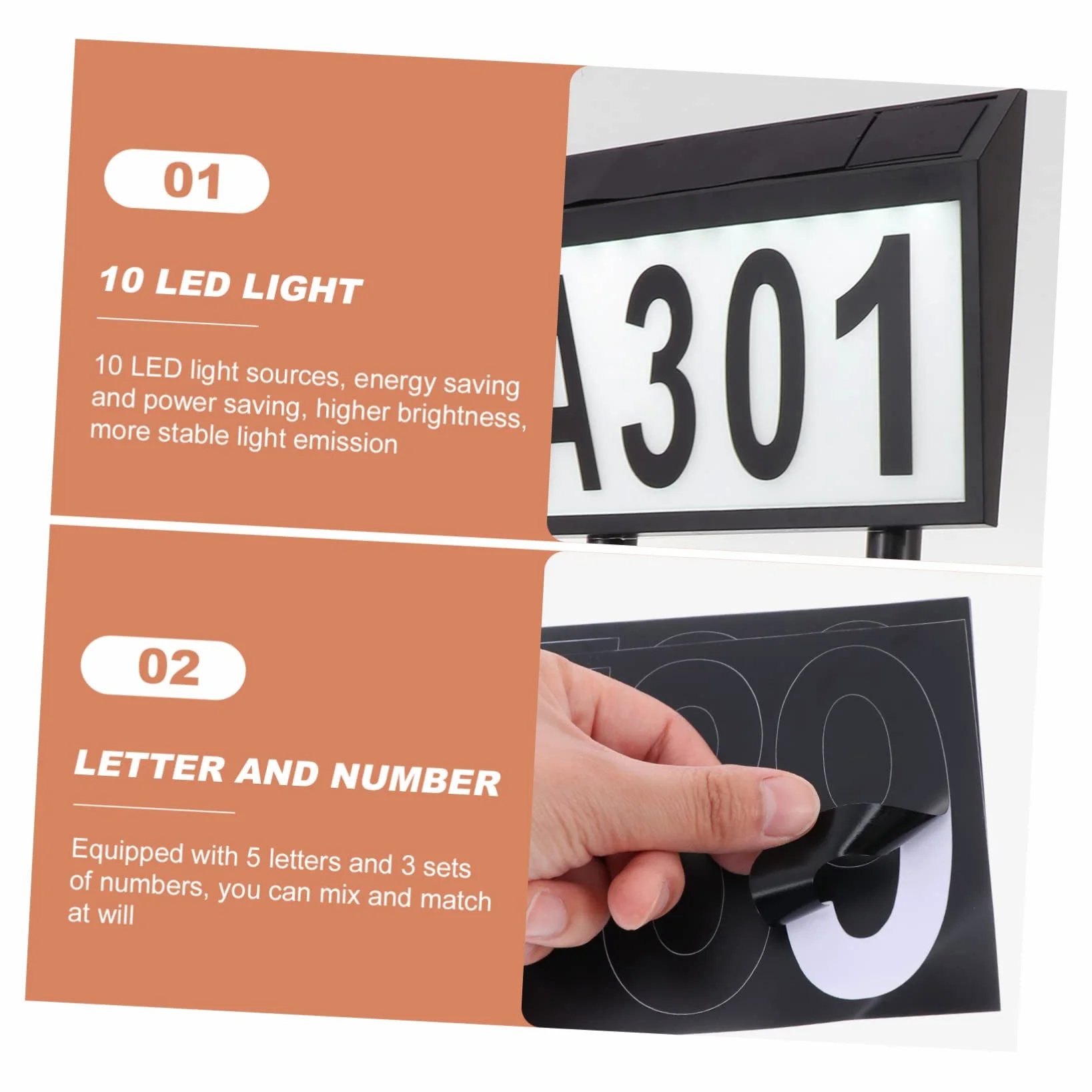 Lampada Solare da Esterno Porta Numeri a Terra LED 10 LED Nero Batteria 1200mah per Negozi di Fiori e Hotel