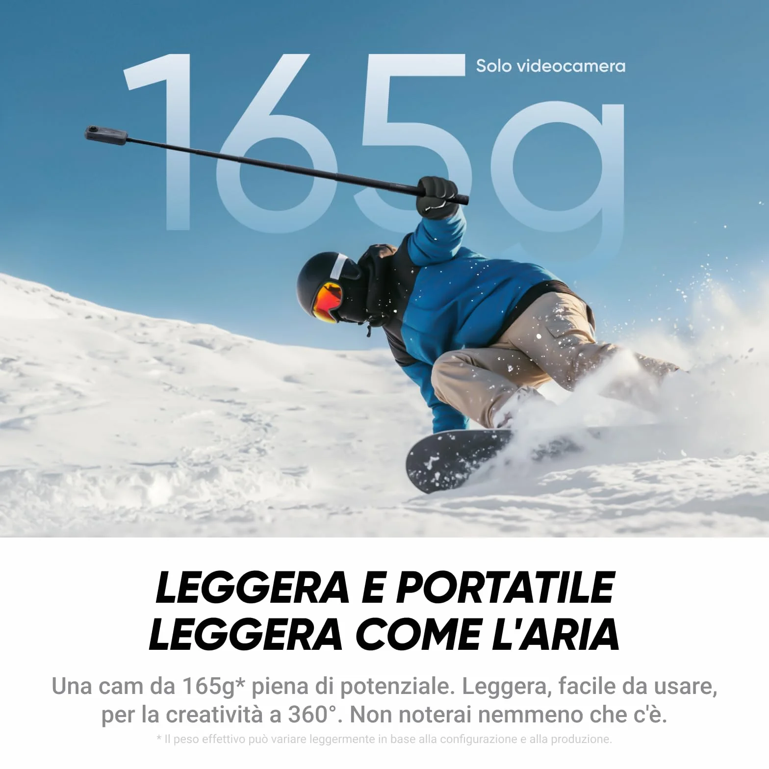 Insta360 X4 Air, Videocamera 8K 360 leggera 165g, Selfie stick Invisibile, lenti sostituibili, cover antivento integrata, prima registri poi inquadri, Pack Starter
