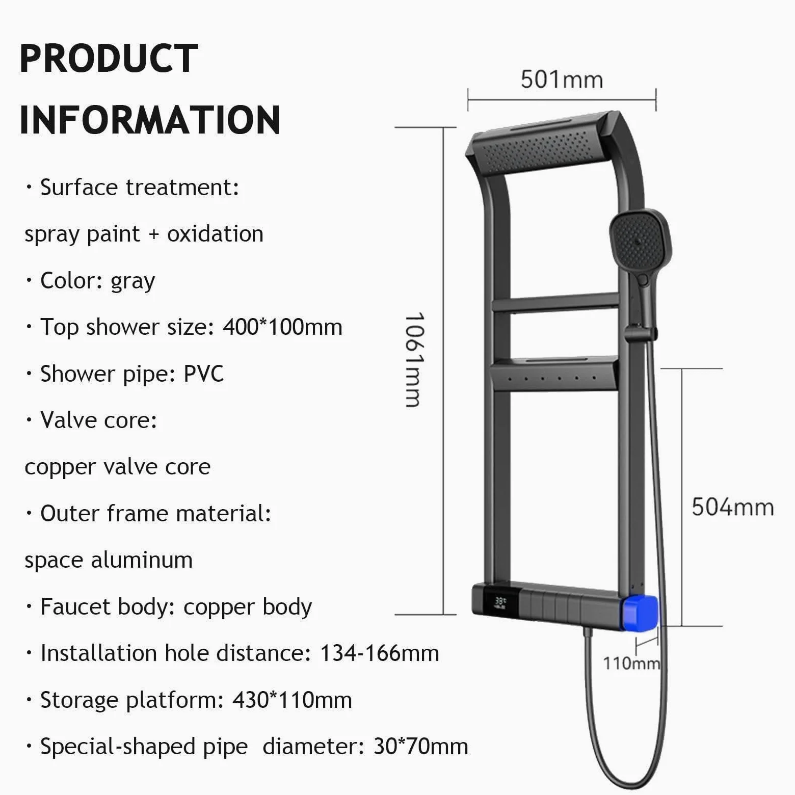 Set Miscelatore Doccia con Display Digitale a LED, soffione a Pioggia e soffione Portatile, Pannello di Controllo per Bagno, mensola a Torre per ristrutturazioni Moderne
