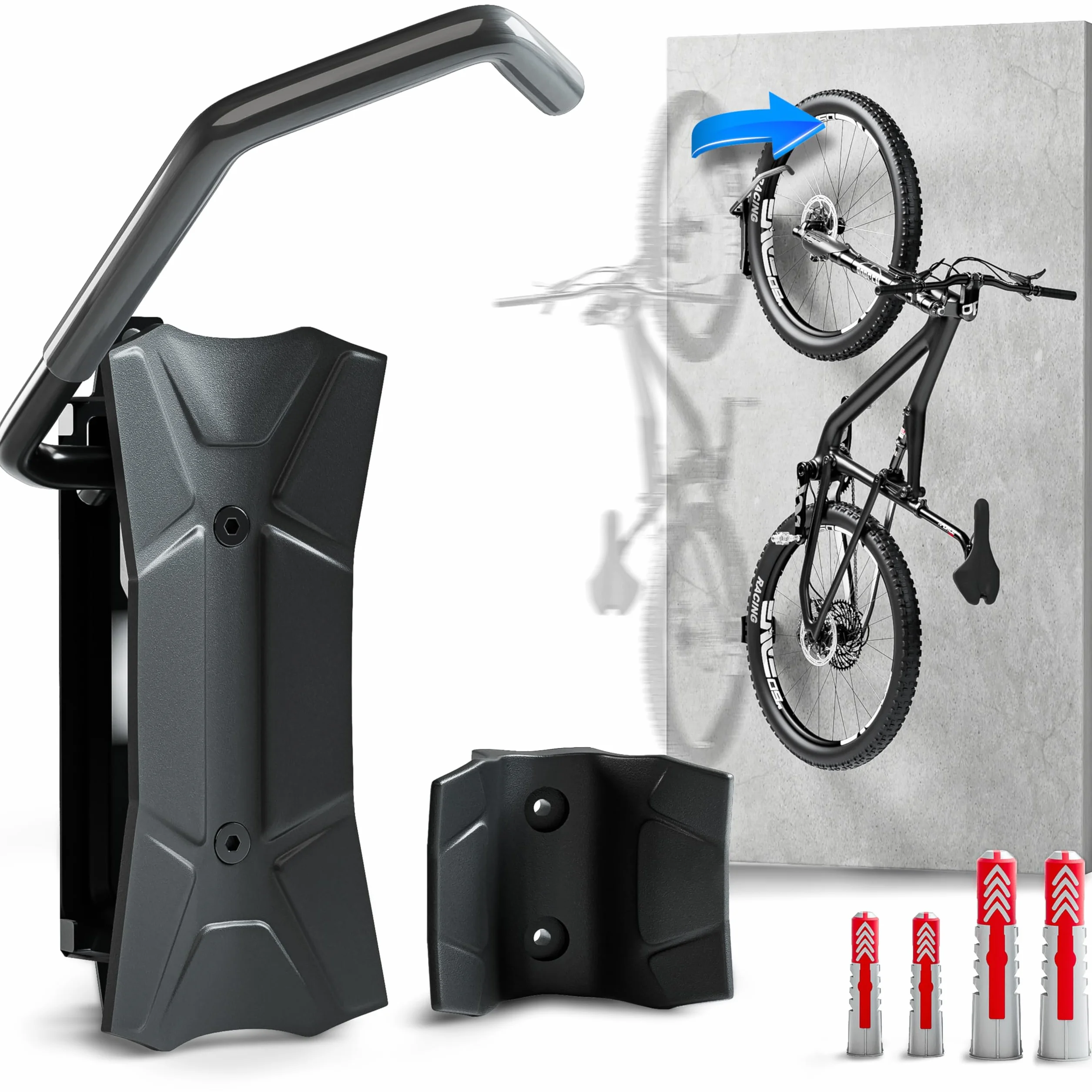 Borgen Portabici da Muro Girevole 35 kg – Supporto bici verticale salvaspazio – Incl. tasselli Fischer DuoPower