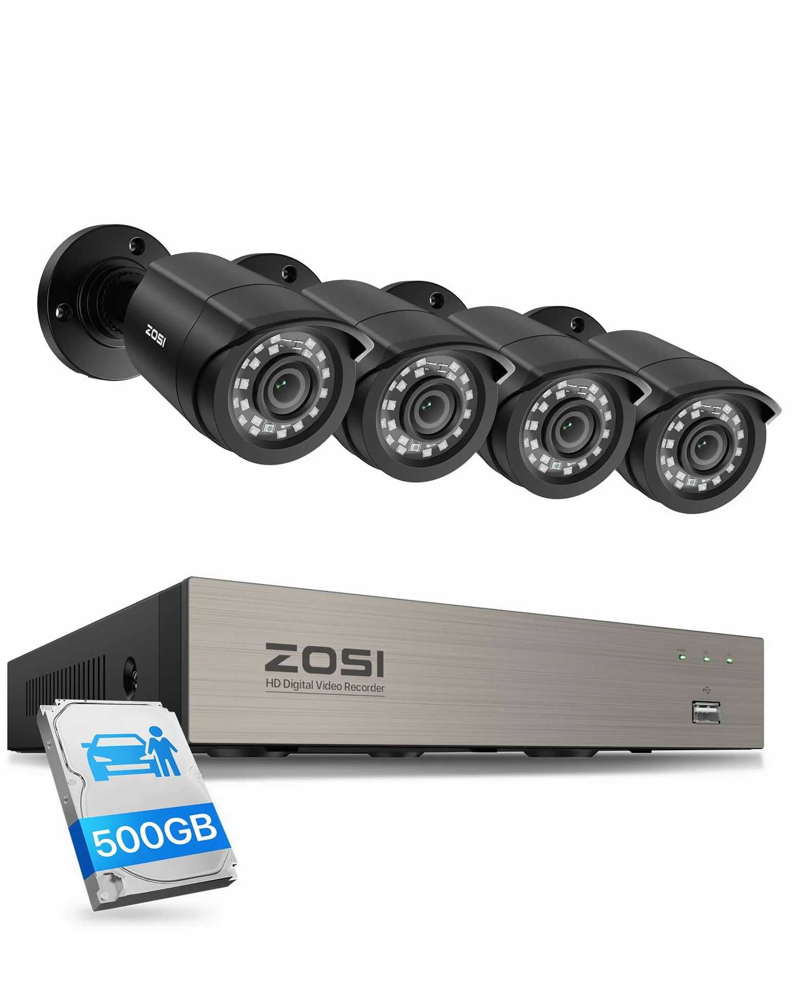 ZOSI 1080P 8CH 500GB DVR Pacchetto di sicurezza completo con 4 telecamere bullet cablate per interni/esterni, rilevamento intelligente, IR 24 m per casa e garage