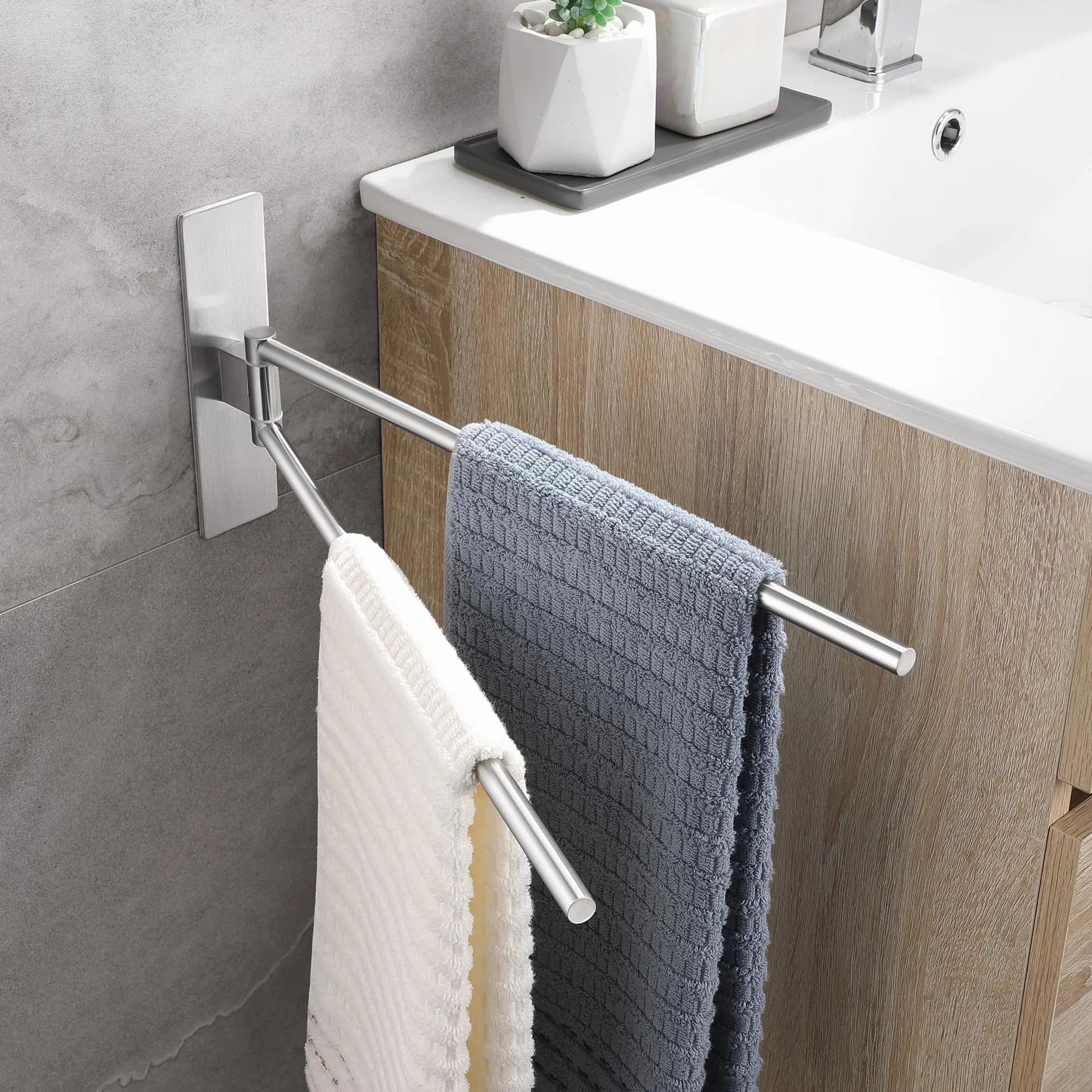 Porta Asciugamani Bagno Adesivo Girevole 180° Acciaio Inox 304 Senza Foratura Spazzolato Argento