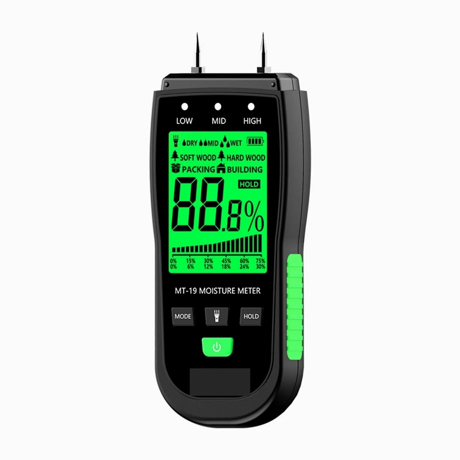 Misuratore Umidita, MT-19 Misuratore di umidità del legno Tester cartone Igrometro'albero con schermo LCD retroilluminato a due pin e torcia elettrica(MT19)
